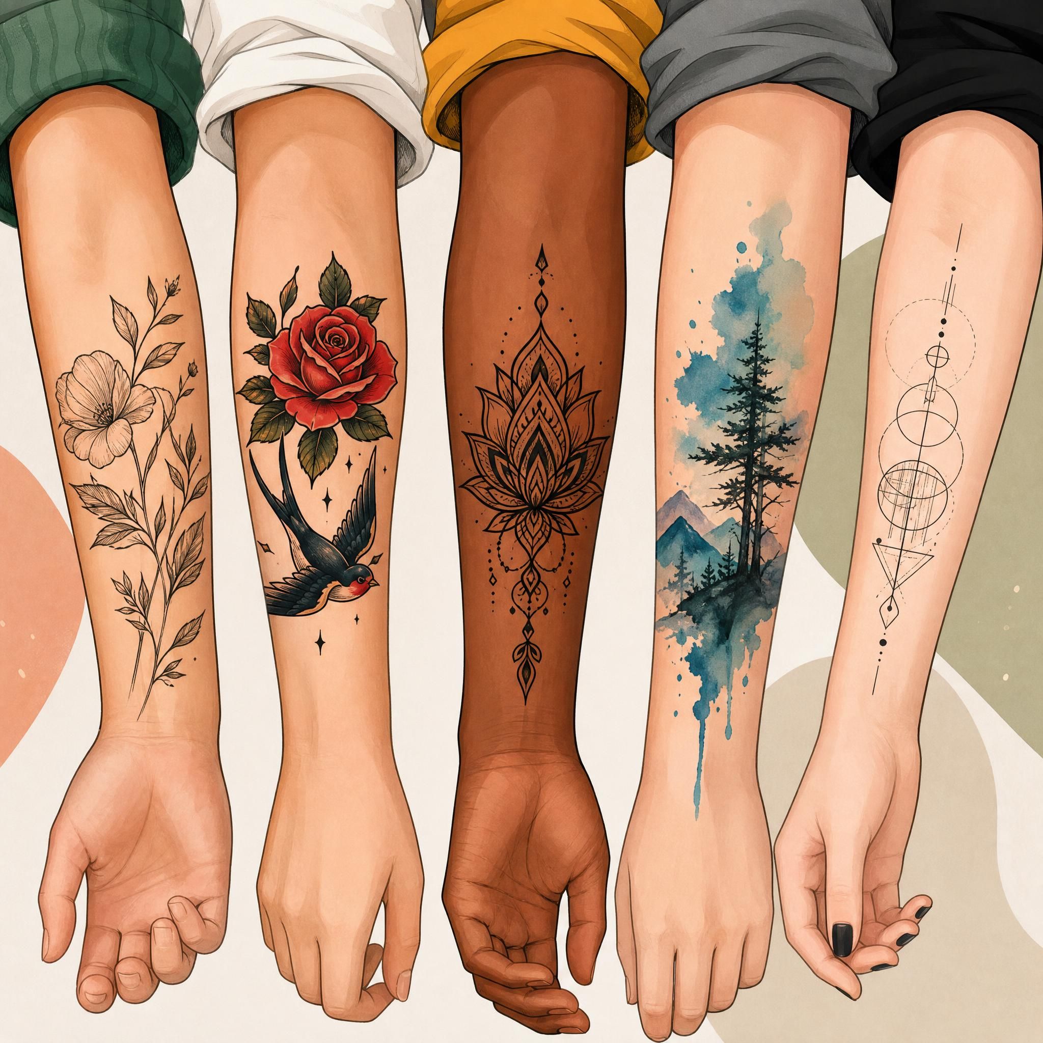 Illustration colorée et décontractée montrant plusieurs styles de tatouage côte à côte sur des avant-bras, style illustratif sans texte