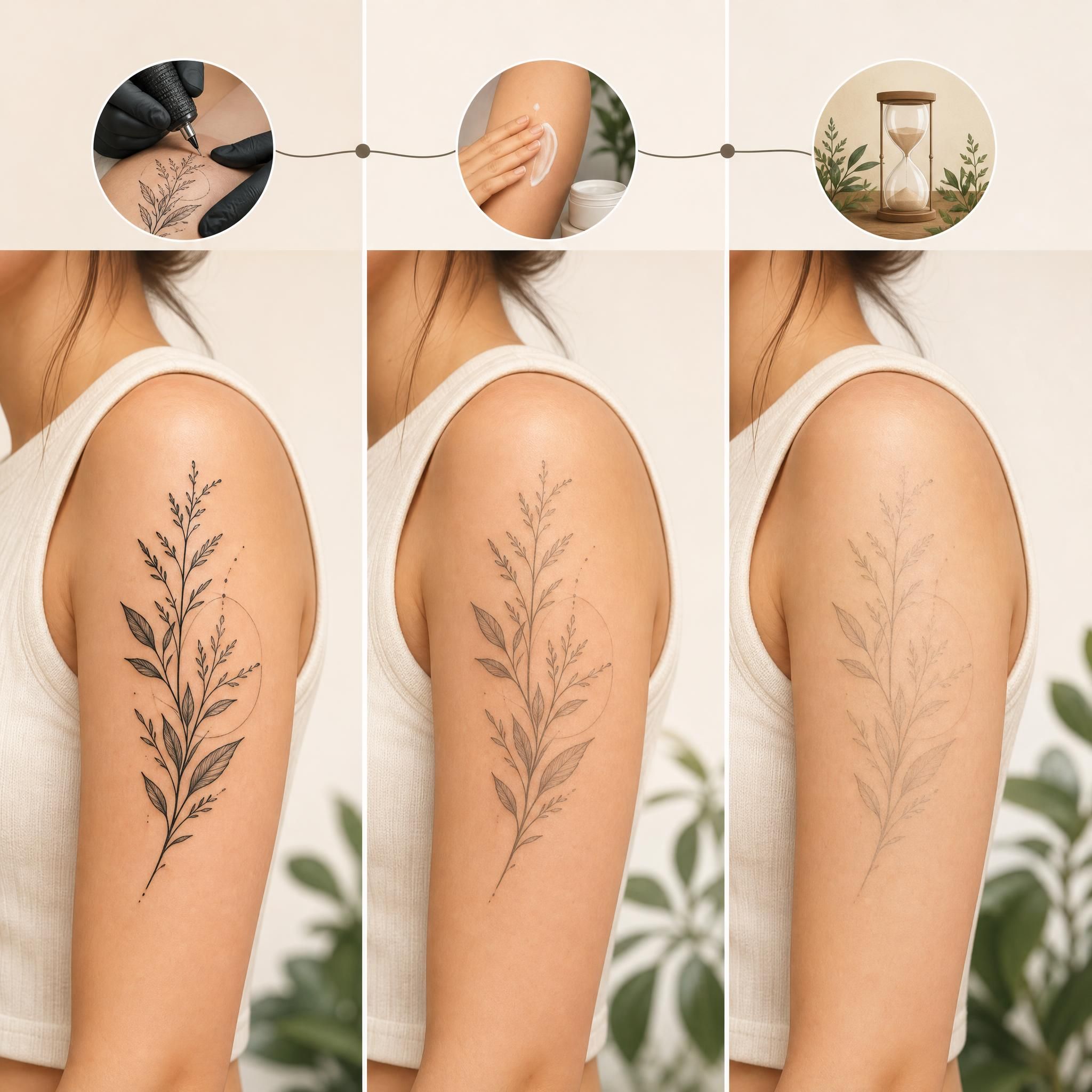 Illustration douce montrant la progression d'un tatouage dans le temps, symbole de soin et de durabilité, style illustratif sans texte