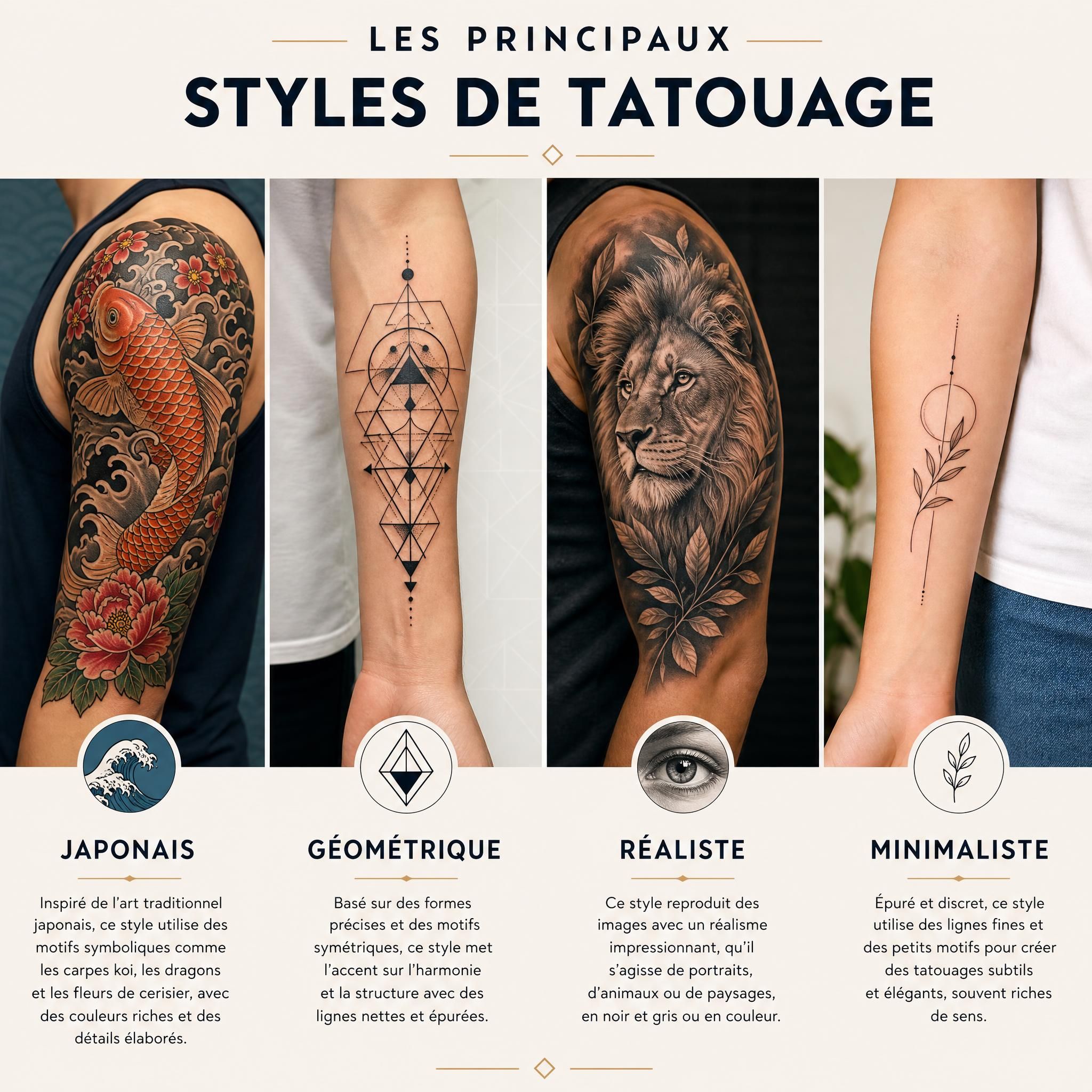 Illustration illustrative montrant différents styles artistiques de tatouage - japonais, géométrique, réaliste, minimaliste - dans un style graphique et coloré