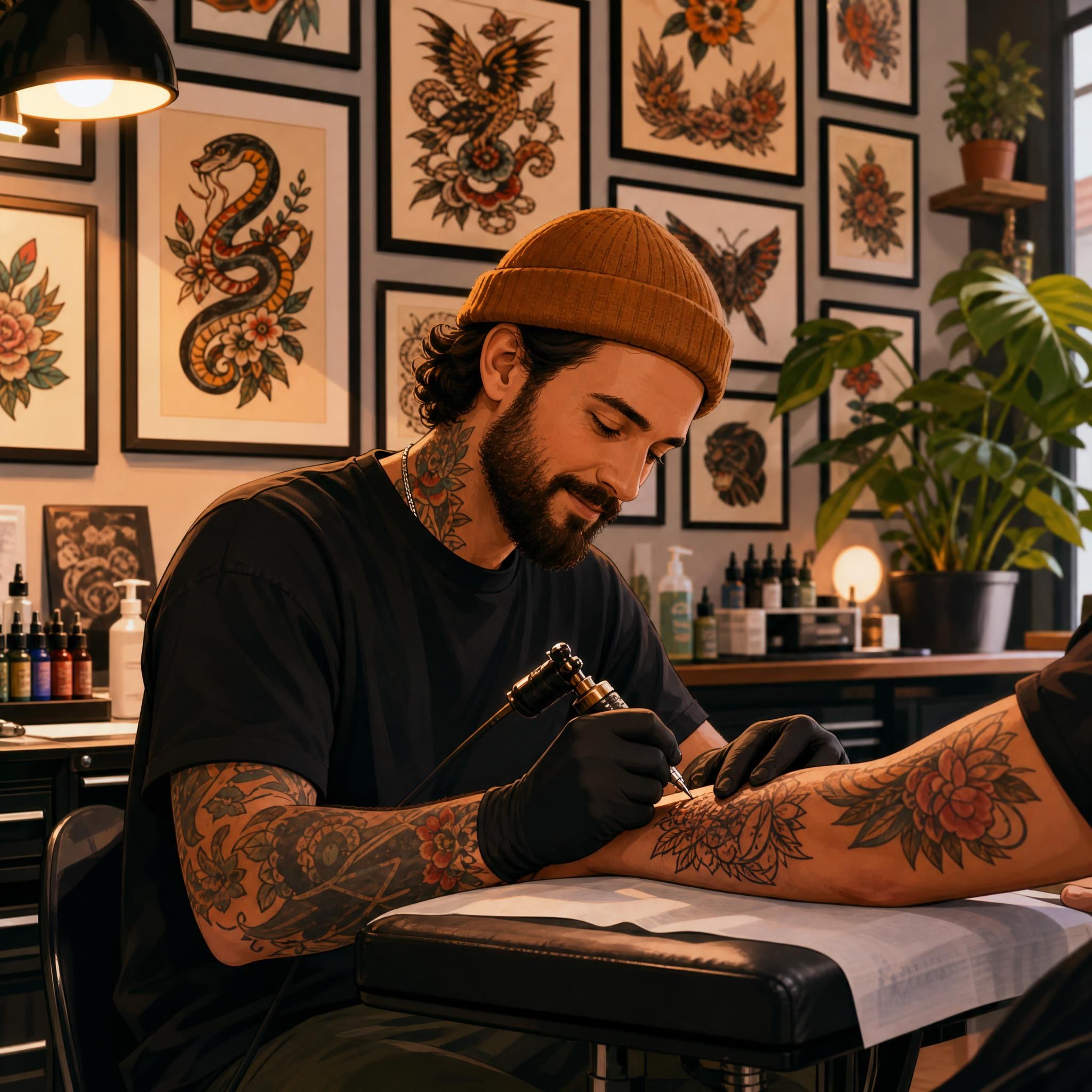 Illustration chaleureuse d'un tatoueur travaillant dans son studio, entouré de ses œuvres au mur, style illustratif coloré sans texte
