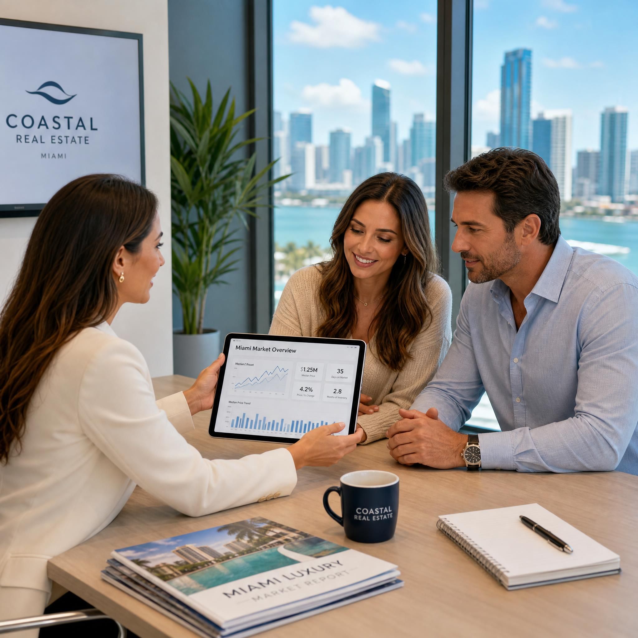 Professional real estate consultation between a South Florida listing agent and sellers reviewing market data on a tablet, with Miami skyline visible through office window