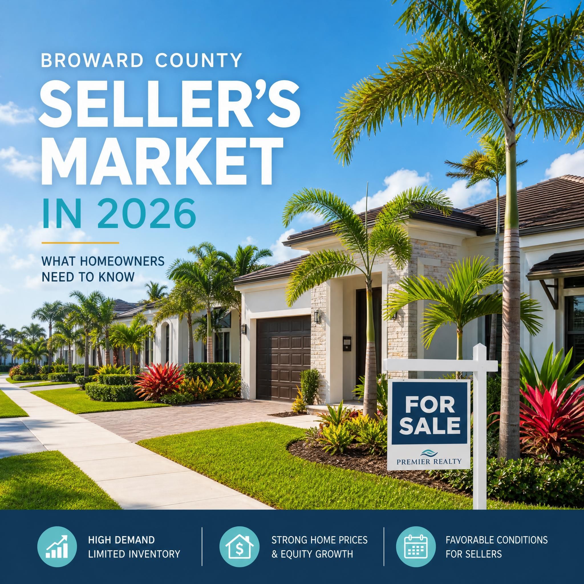 Vibrant South Florida neighborhood street with well-staged single-family home for sale, lush tropical landscaping, representing Broward County seller's market conditions in 2026
