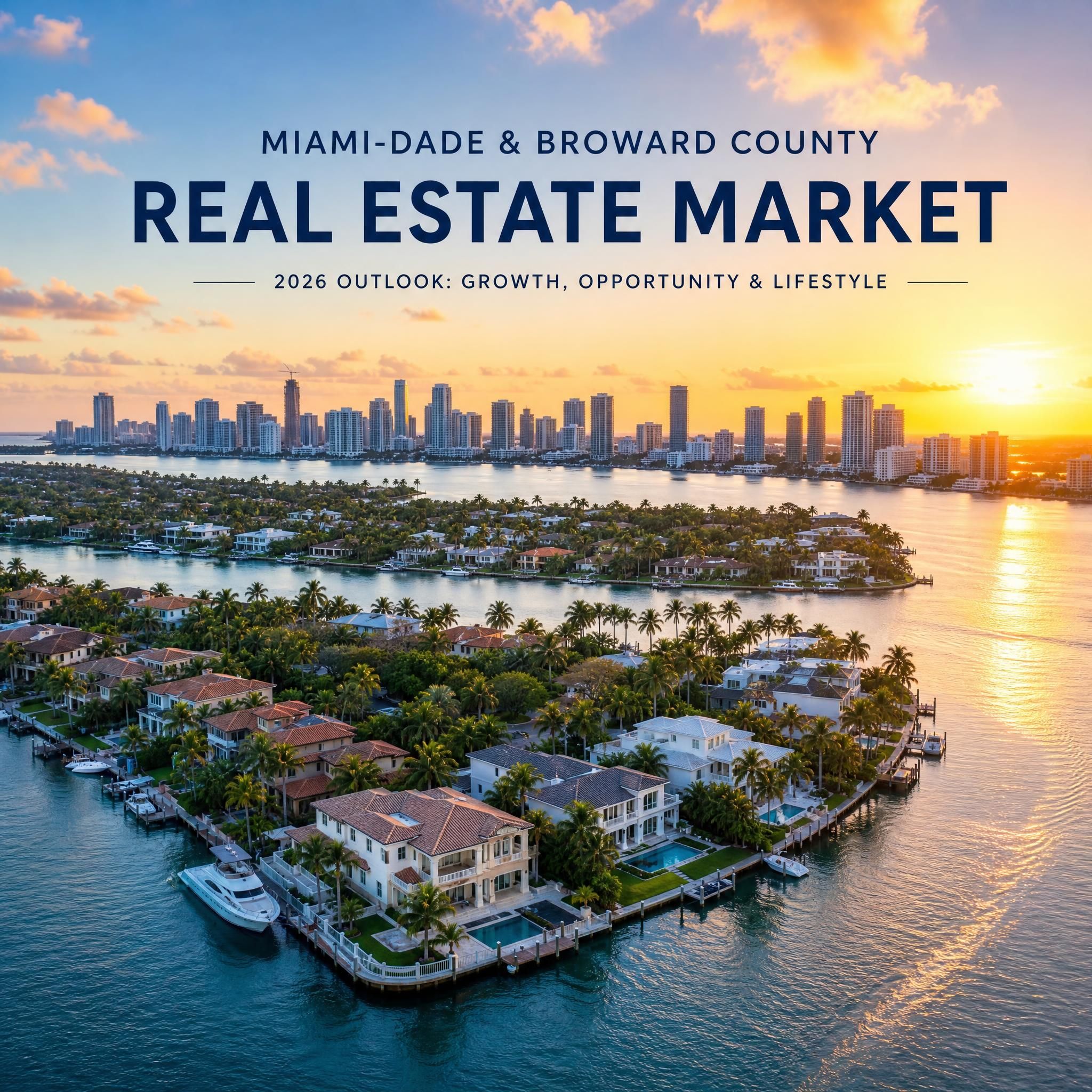 Aerial view of Miami-Dade and Broward County waterfront homes with South Florida skyline at sunset, representing the booming 2026 real estate market