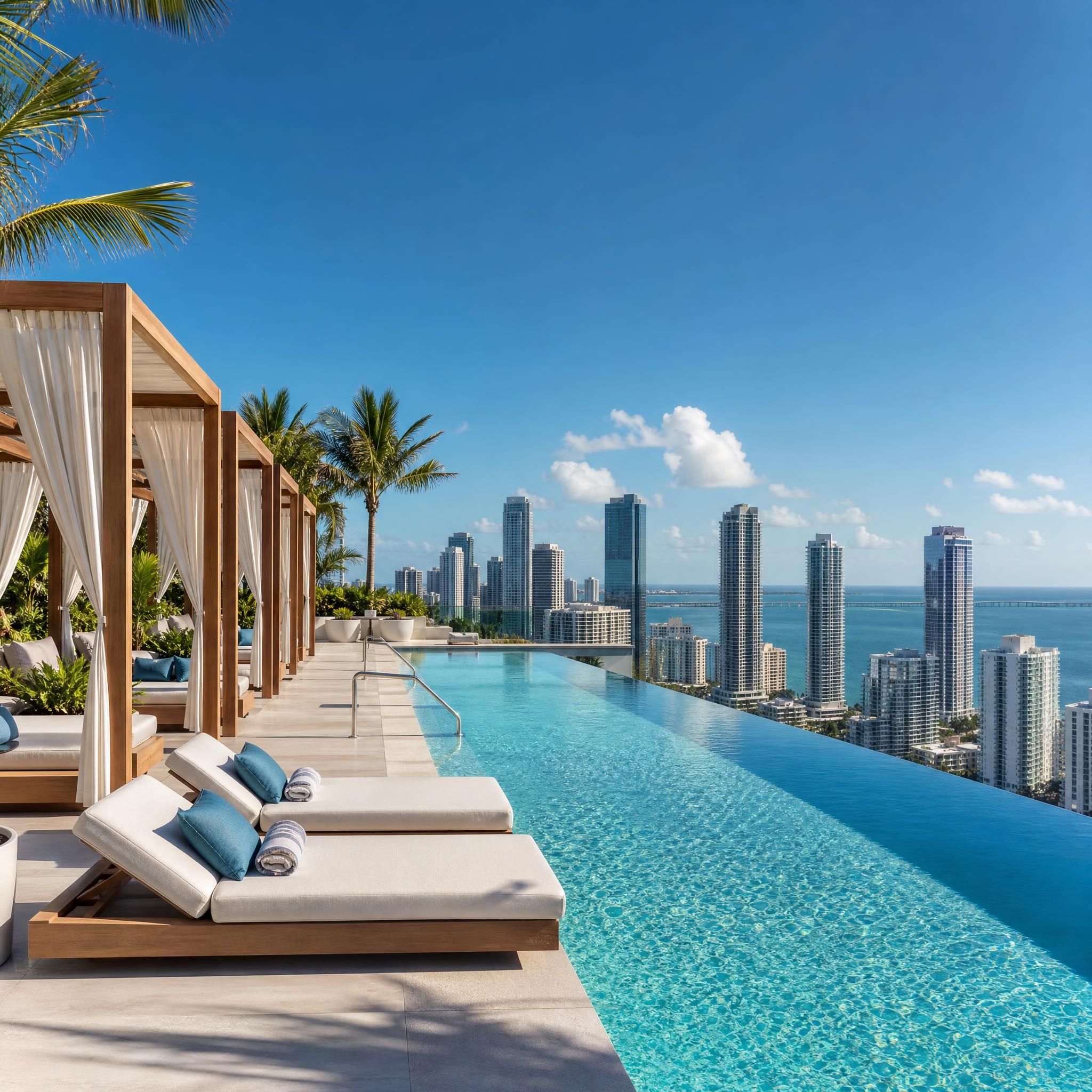 Miami luxury condo amenity rooftop pool with infinity edge overlooking the city skyline and ocean, resort-style cabanas