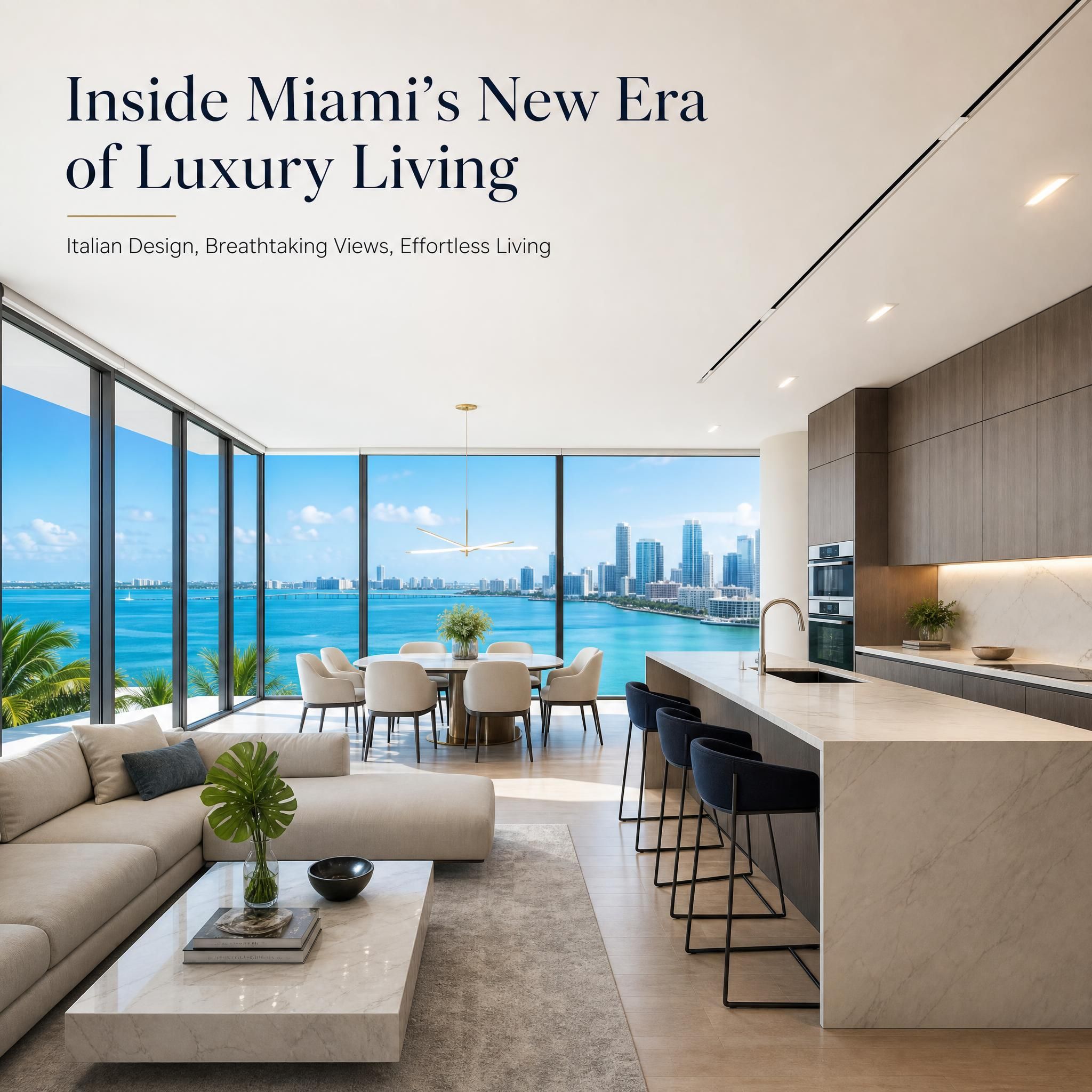 Modern luxury Miami condo interior with floor-to-ceiling windows overlooking Biscayne Bay, showcasing open-plan living and Italian kitchen