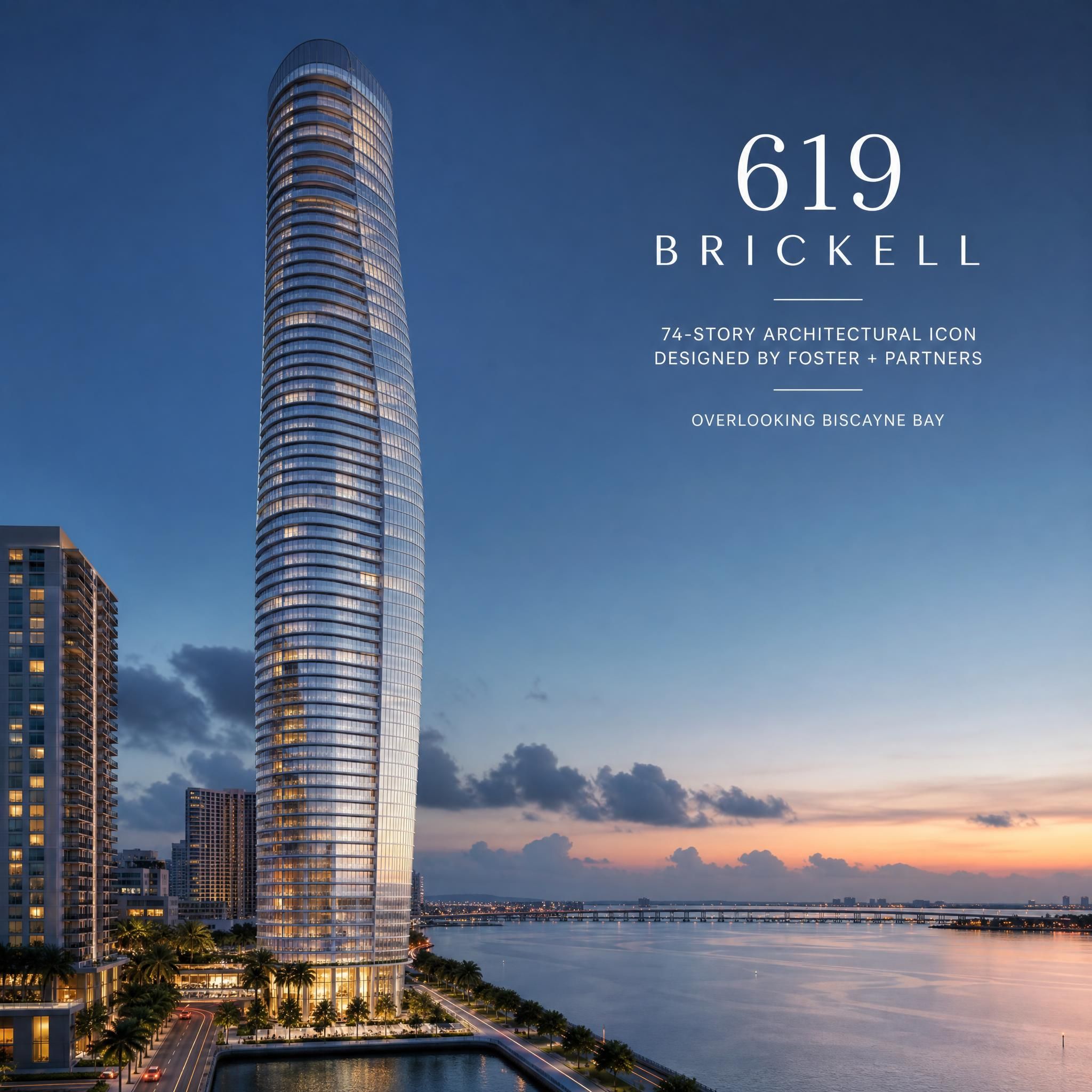 Architectural rendering of 619 Brickell's gently twisting 74-story glass tower overlooking Biscayne Bay at dusk, designed by Foster + Partners