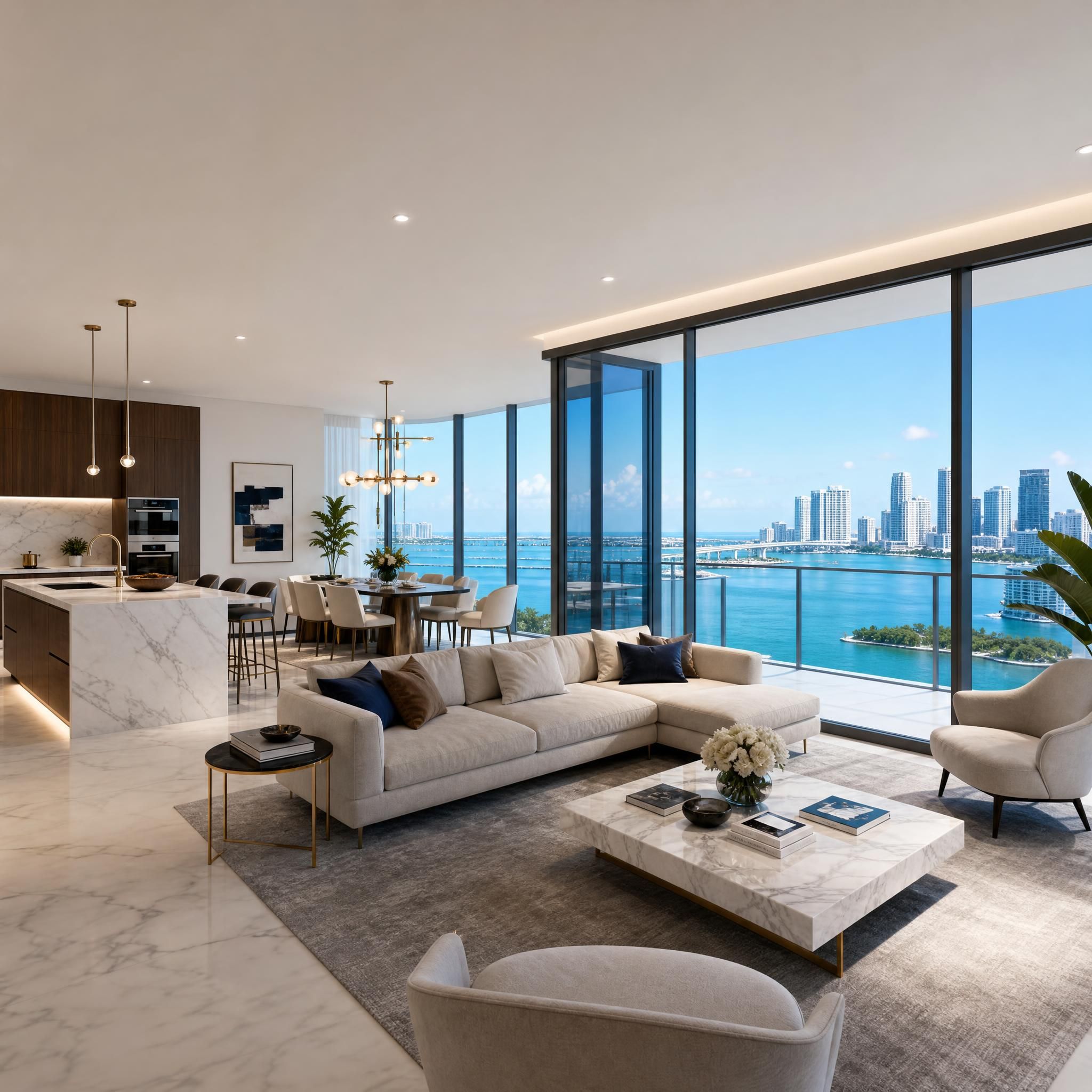 Luxury condo interior with floor-to-ceiling windows overlooking Biscayne Bay, featuring open-plan living space with marble finishes and designer furnishings