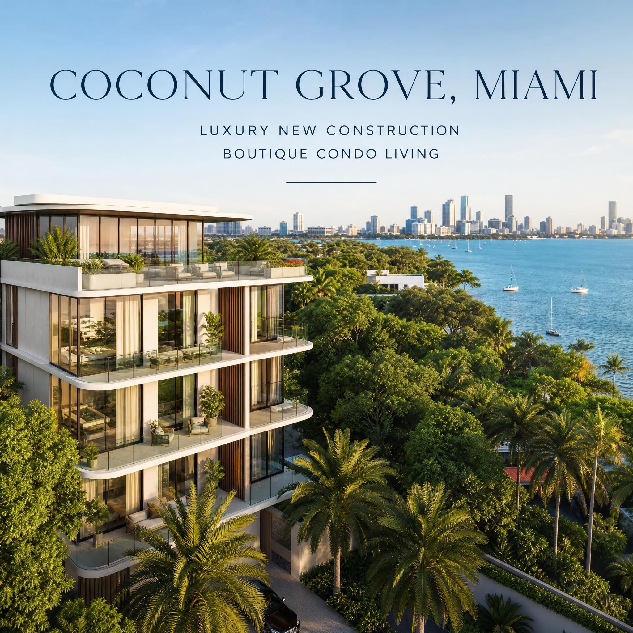 Coconut Grove Miami luxury new construction boutique condo building surrounded by tropical canopy and waterfront views