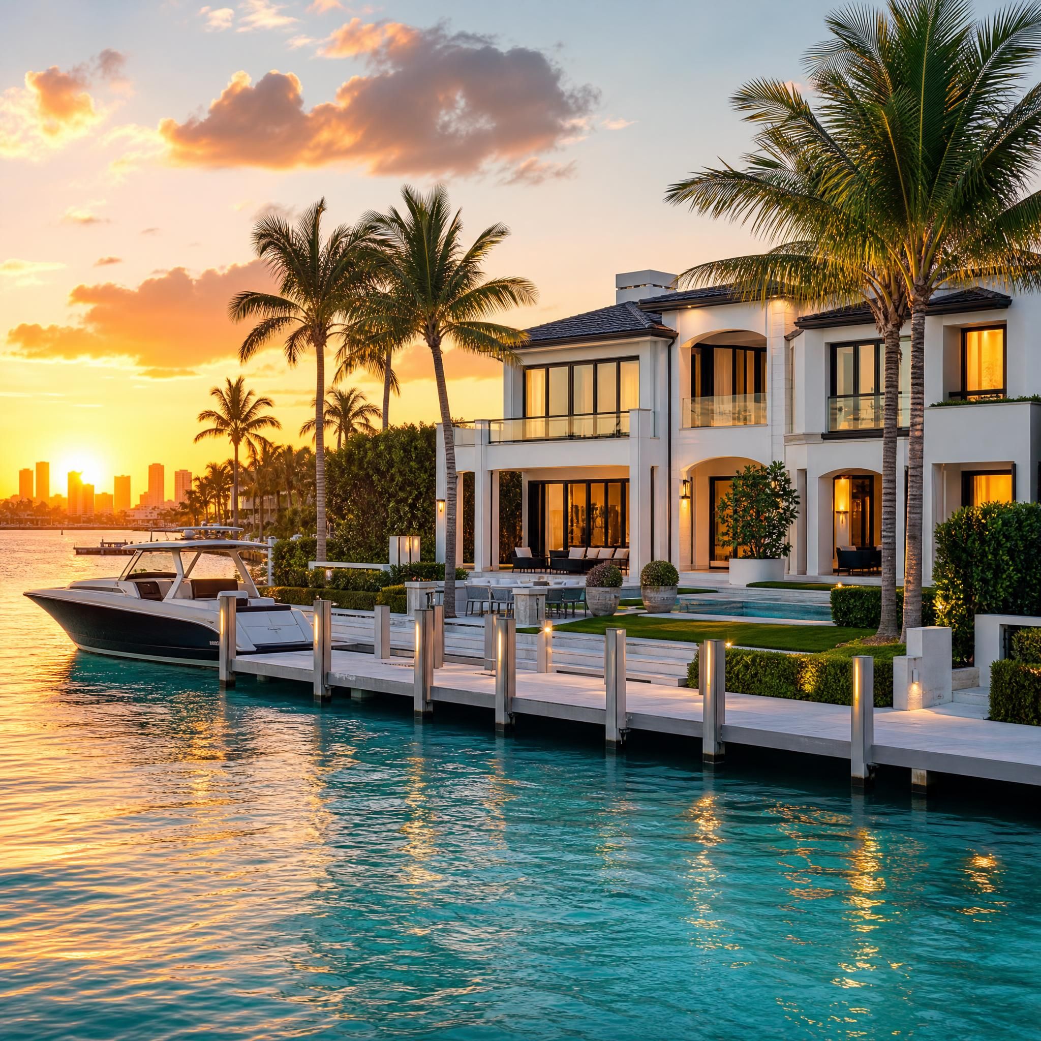 Miami Beach luxury waterfront estate at golden hour with private dock, palm trees, and turquoise water reflecting the sunset