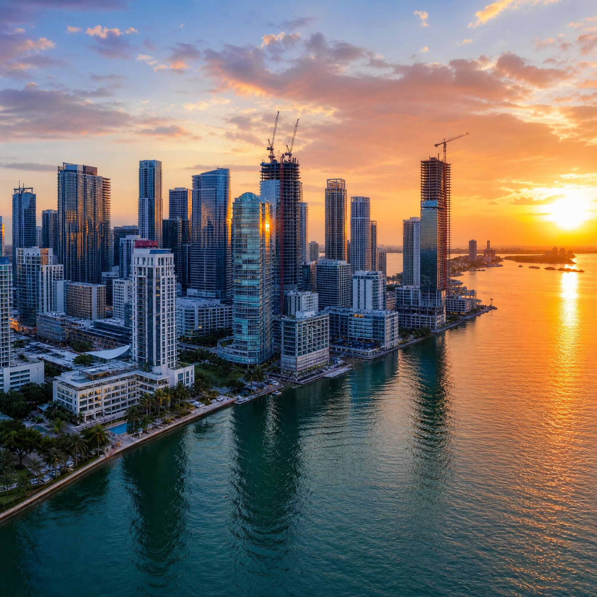 Aerial drone view of Miami's Brickell skyline at sunset with Biscayne Bay reflecting luxury high-rise towers under construction