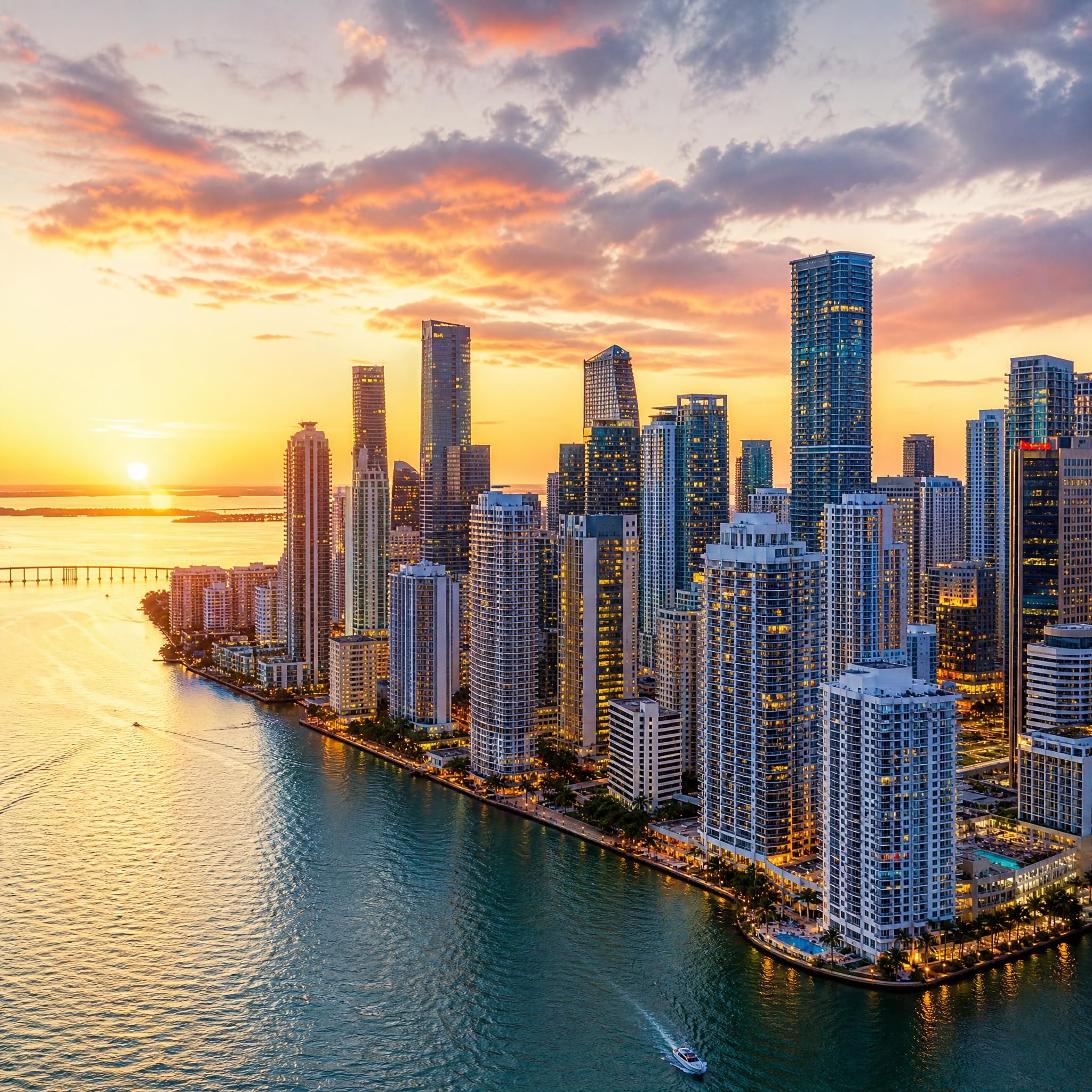 Aerial drone view of Miami's Brickell skyline at sunset with luxury high-rise towers and Biscayne Bay waterfront