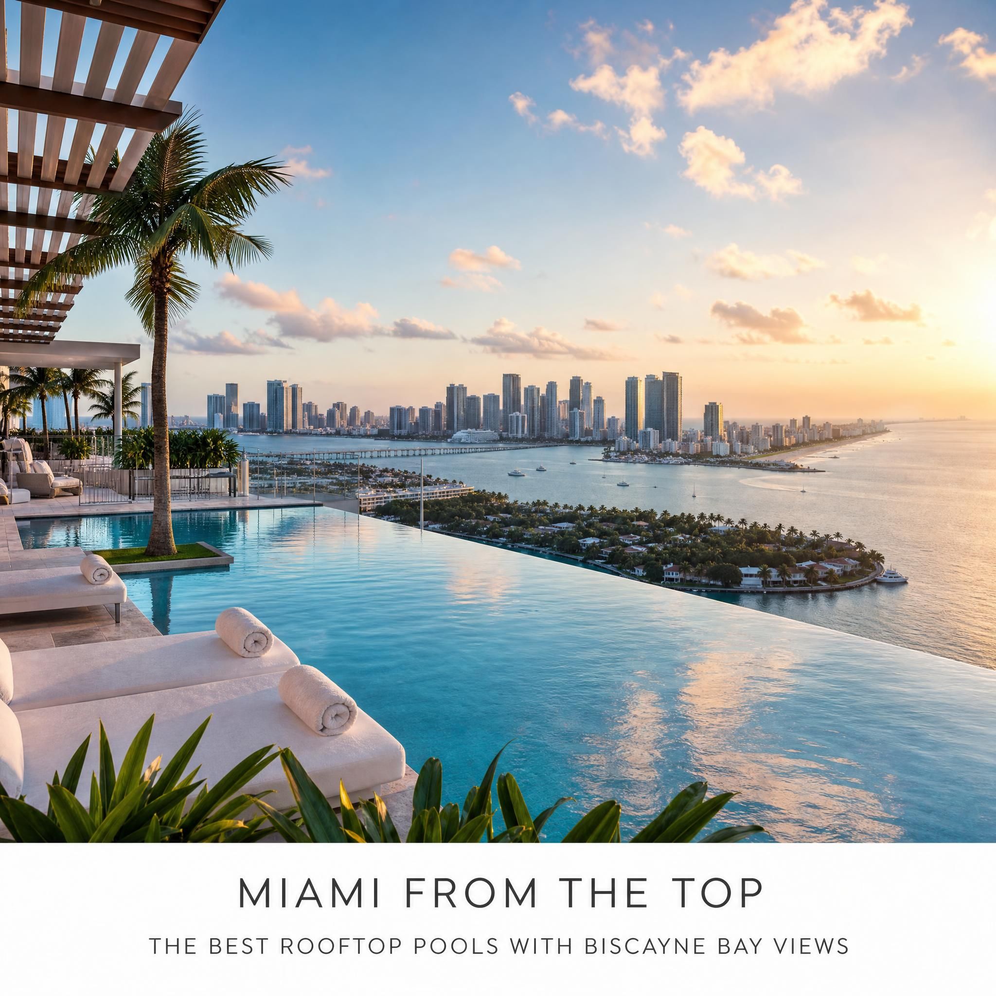 Rooftop infinity pool at a Miami luxury high-rise with panoramic views of Biscayne Bay and the Miami Beach skyline at golden hour