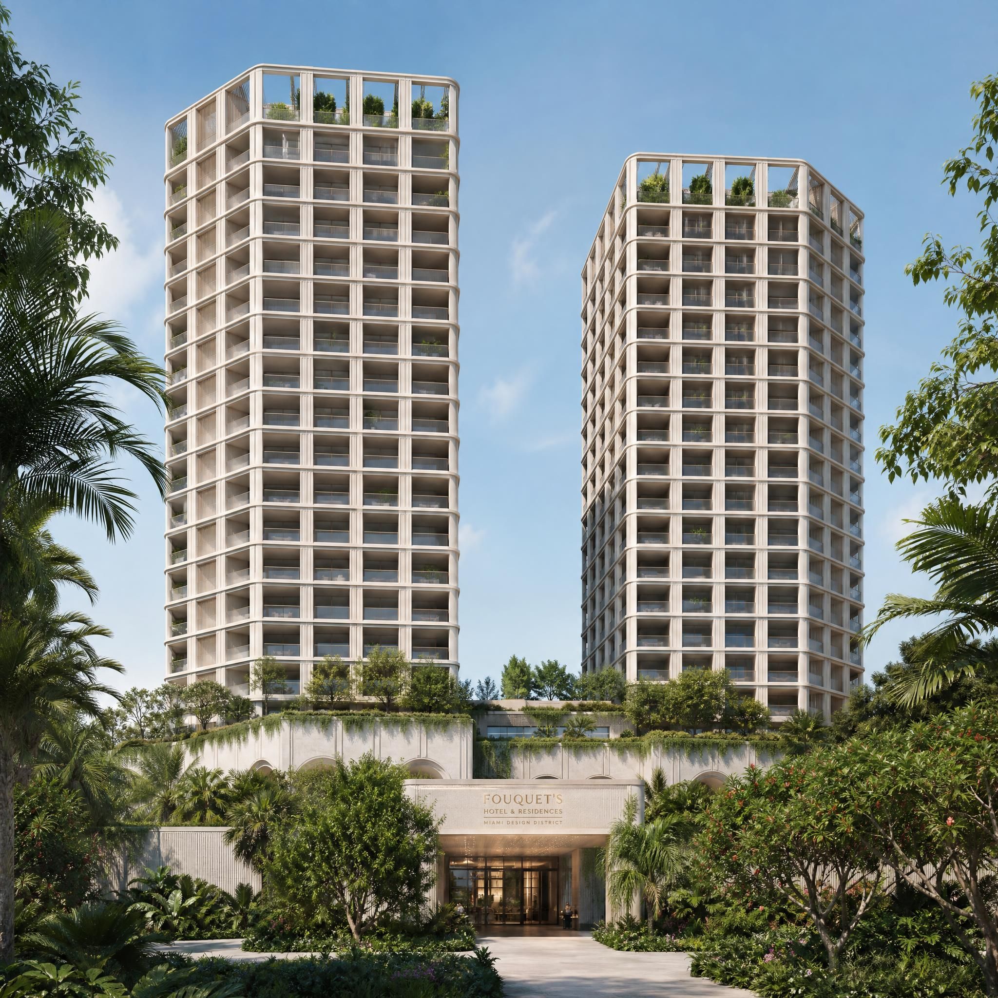 Architectural rendering of the Fouquet's Hotel and Residences Miami Design District twin towers by David Chipperfield Architects, surrounded by lush gardens