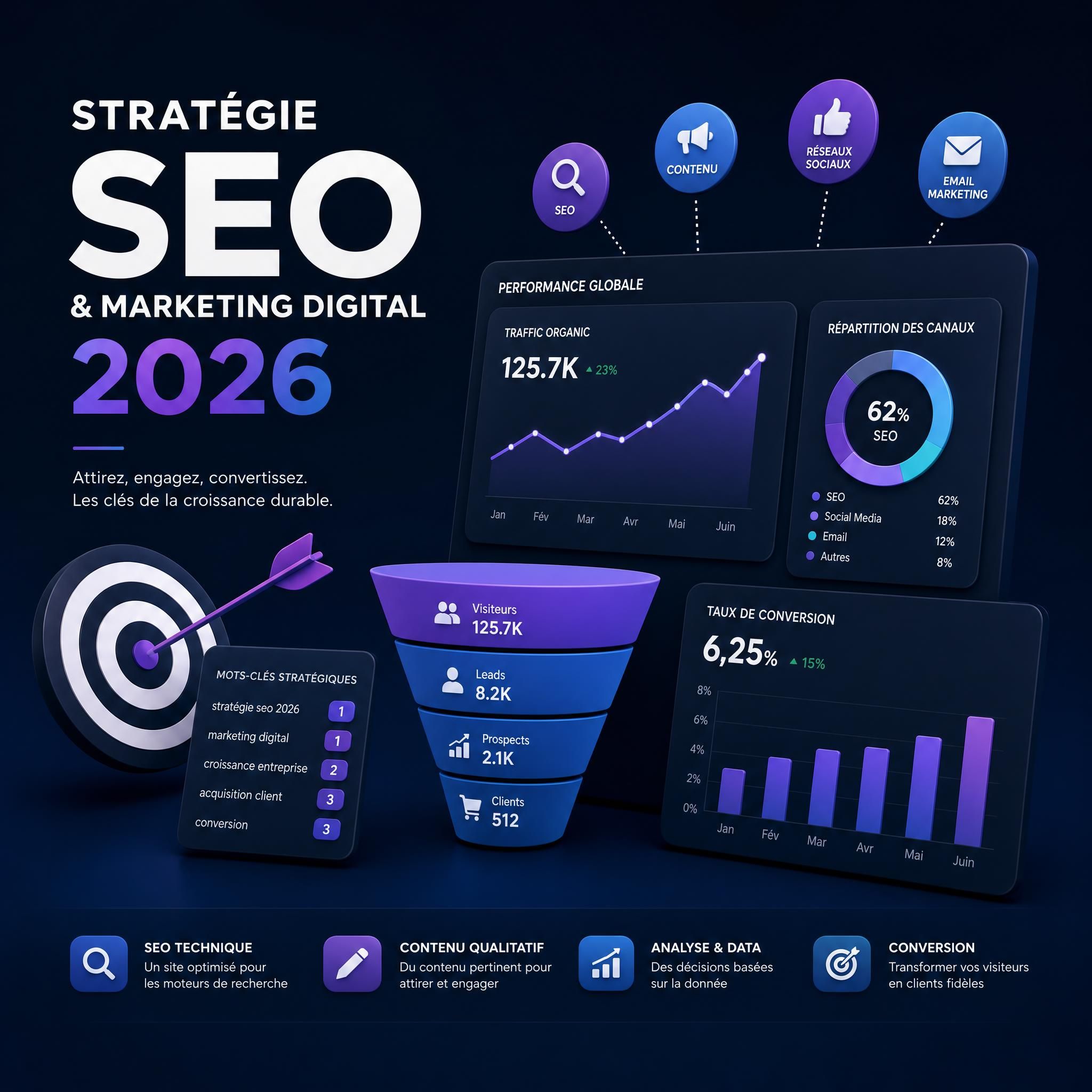 Illustration stratégie SEO et marketing digital 2026 avec graphiques de conversion sur fond sombre