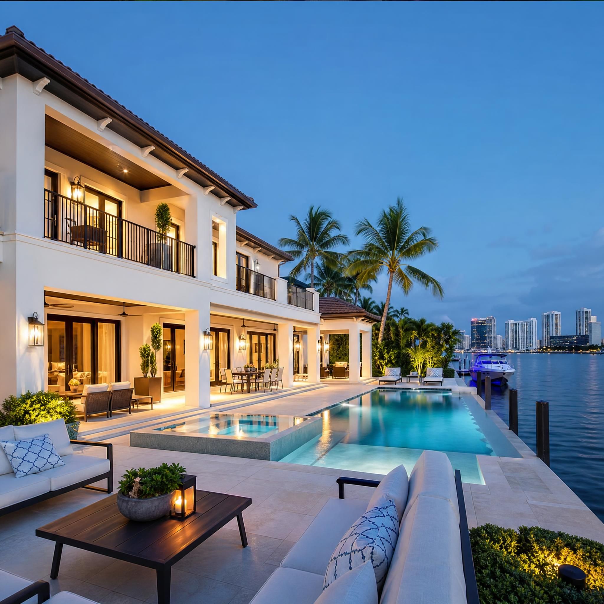 Professional real estate photography of a luxury South Florida waterfront property listing, showcasing staging and presentation quality that attracts international buyers