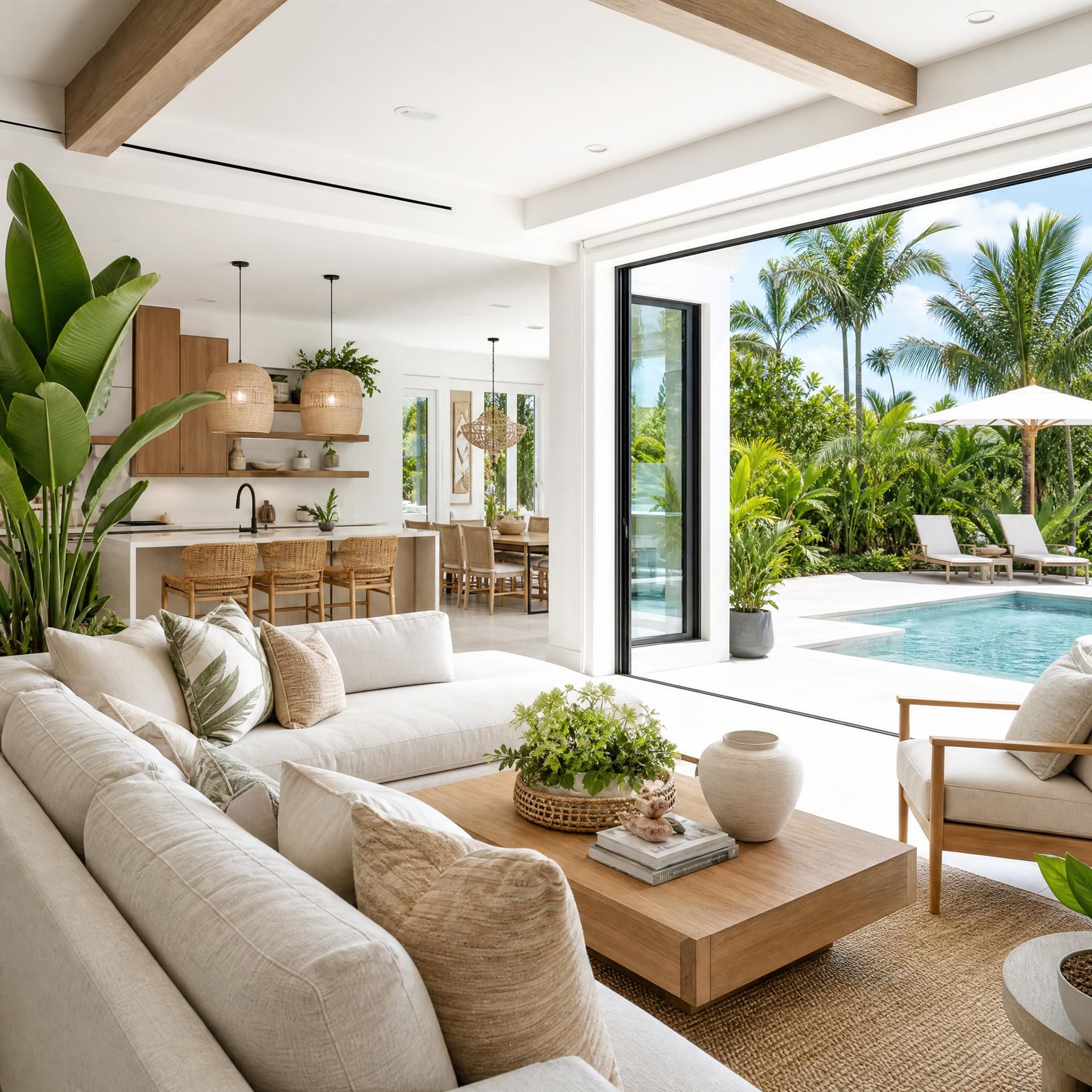 Beautifully staged South Florida home interior with bright natural light, tropical plants, and modern neutral decor showcasing outdoor pool area