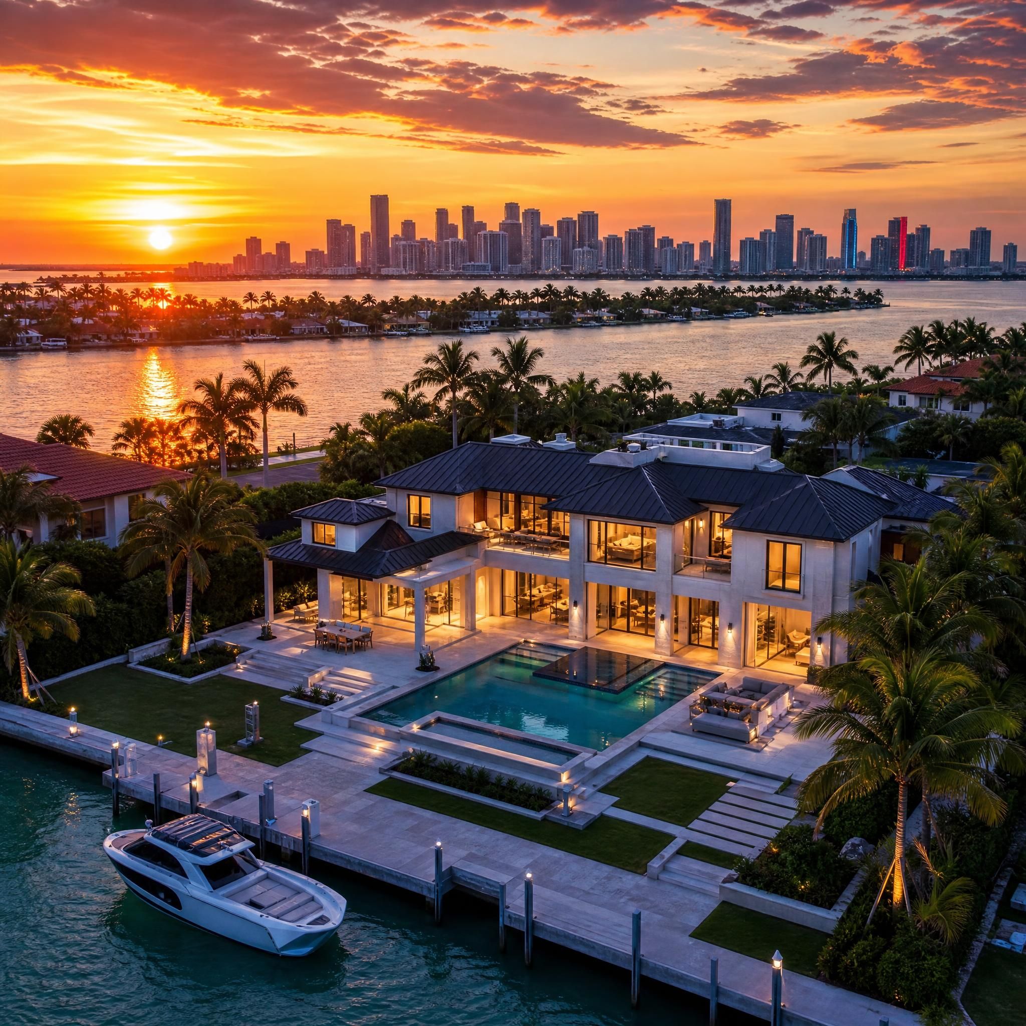 Stunning luxury waterfront property in South Florida at sunset with Miami skyline in the background, aerial view of Miami-Dade real estate