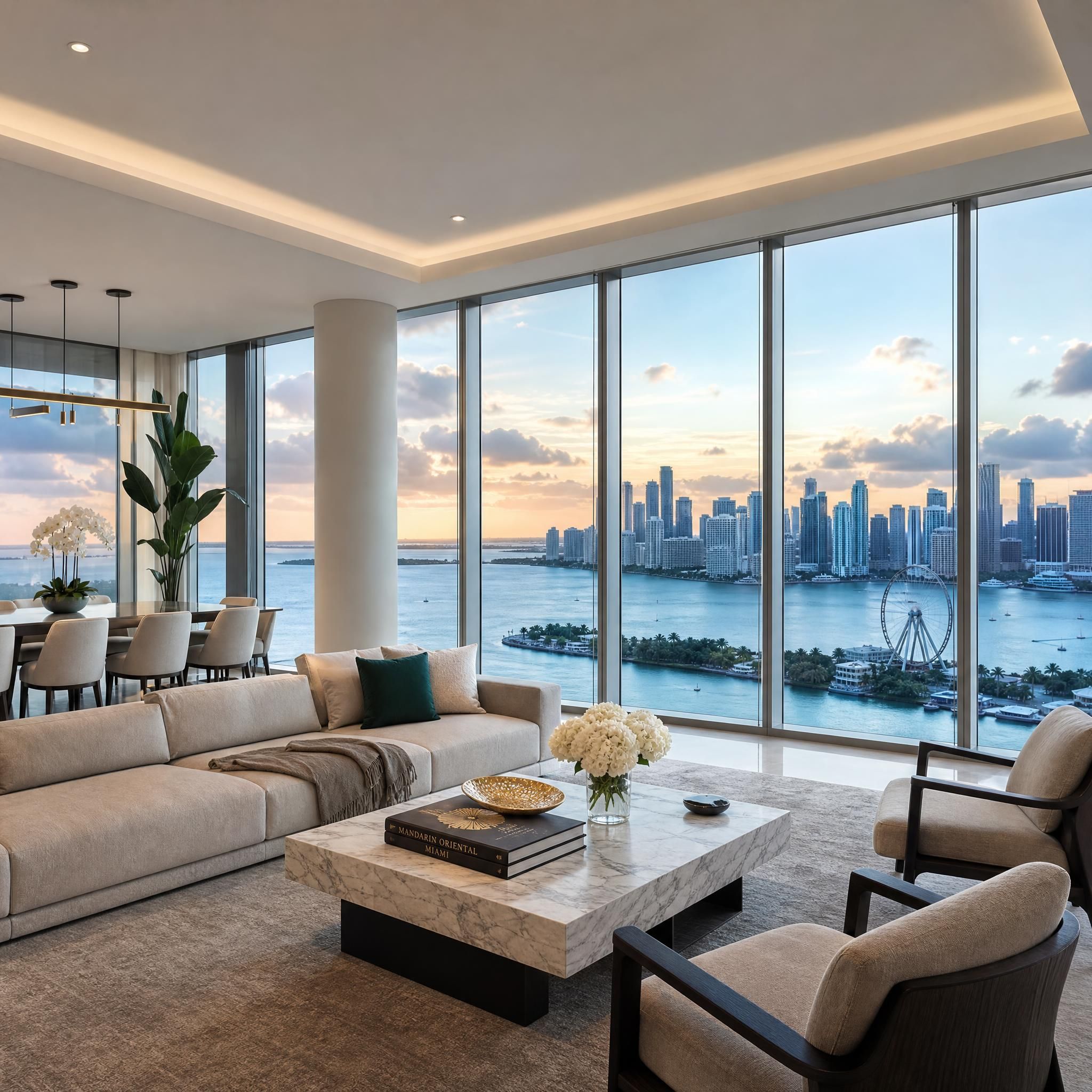Luxury penthouse interior at The Residences at Mandarin Oriental Miami featuring floor-to-ceiling windows with panoramic views of Biscayne Bay and the Miami skyline