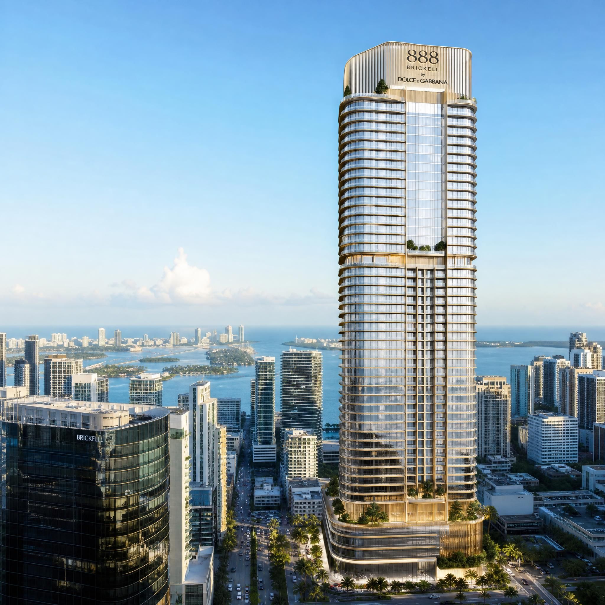 Exterior rendering of 888 Brickell by Dolce & Gabbana luxury tower rising above Brickell Avenue Miami with the city skyline and Biscayne Bay in the background