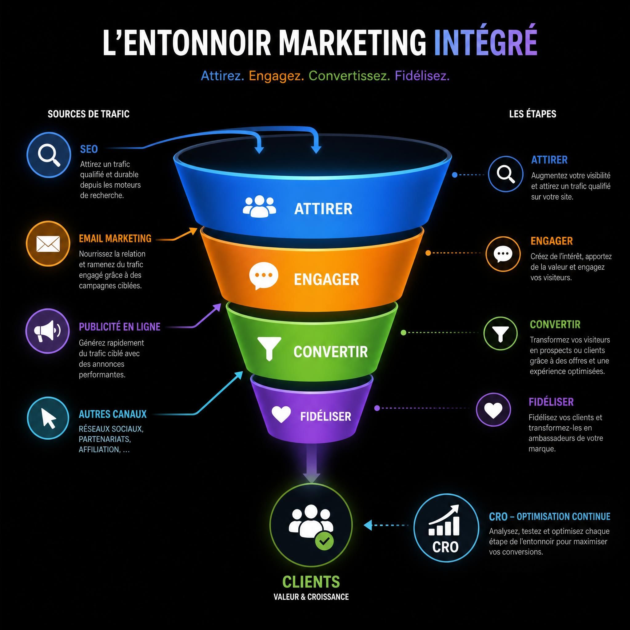 Schéma de l'entonnoir marketing intégré combinant SEO, email marketing, publicité en ligne et CRO sur fond noir