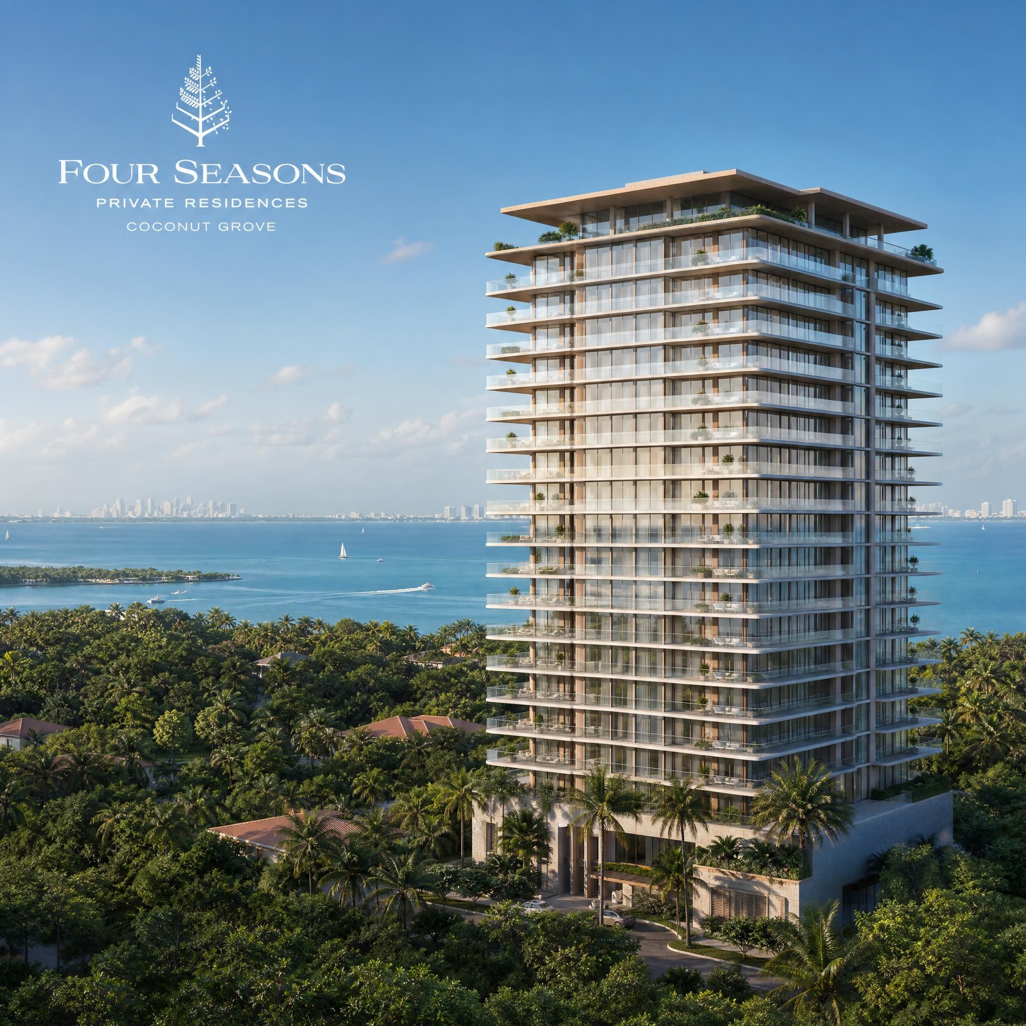 Four Seasons Private Residences Coconut Grove exterior rendering showing the 20-story tower rising above lush tropical tree canopy with Biscayne Bay views in the background
