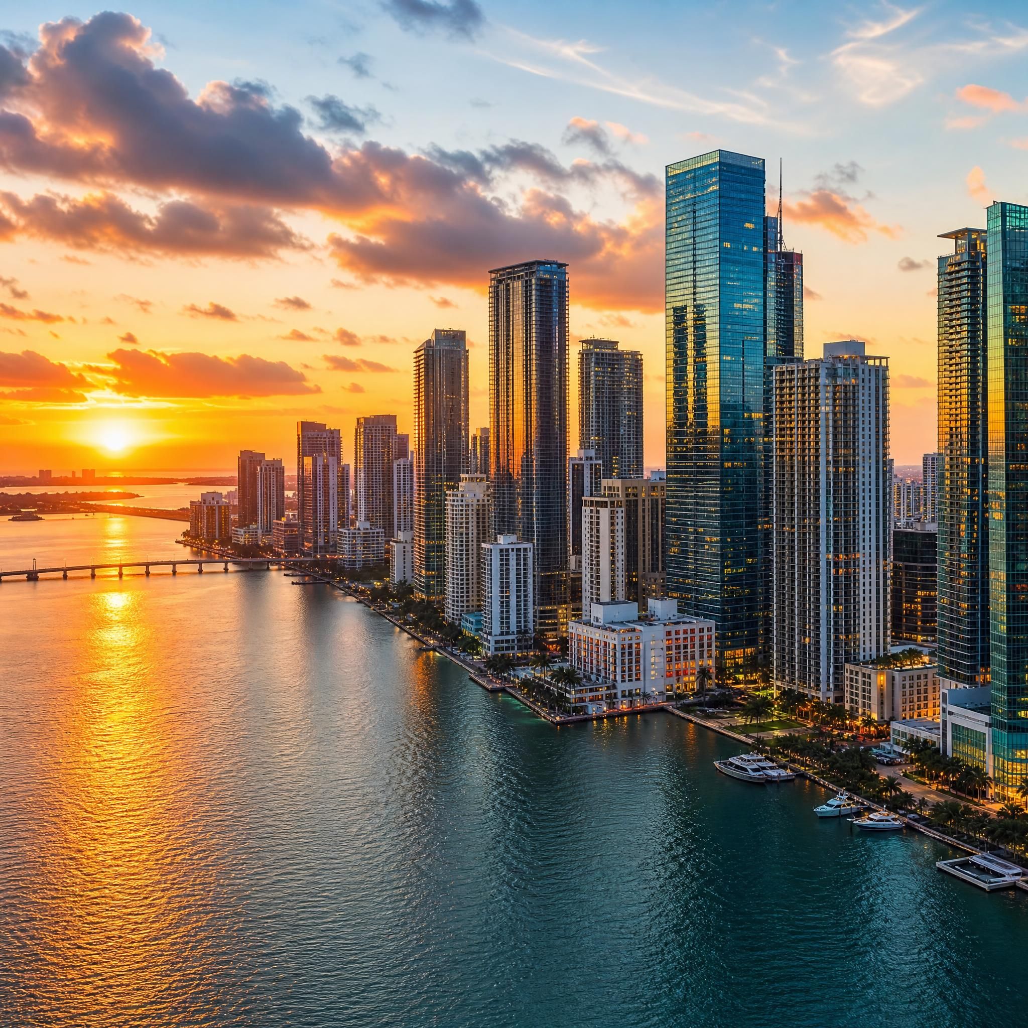 Aerial sunset view of Miami's Brickell skyline and Biscayne Bay waterfront with luxury high-rise towers reflecting golden light over the water