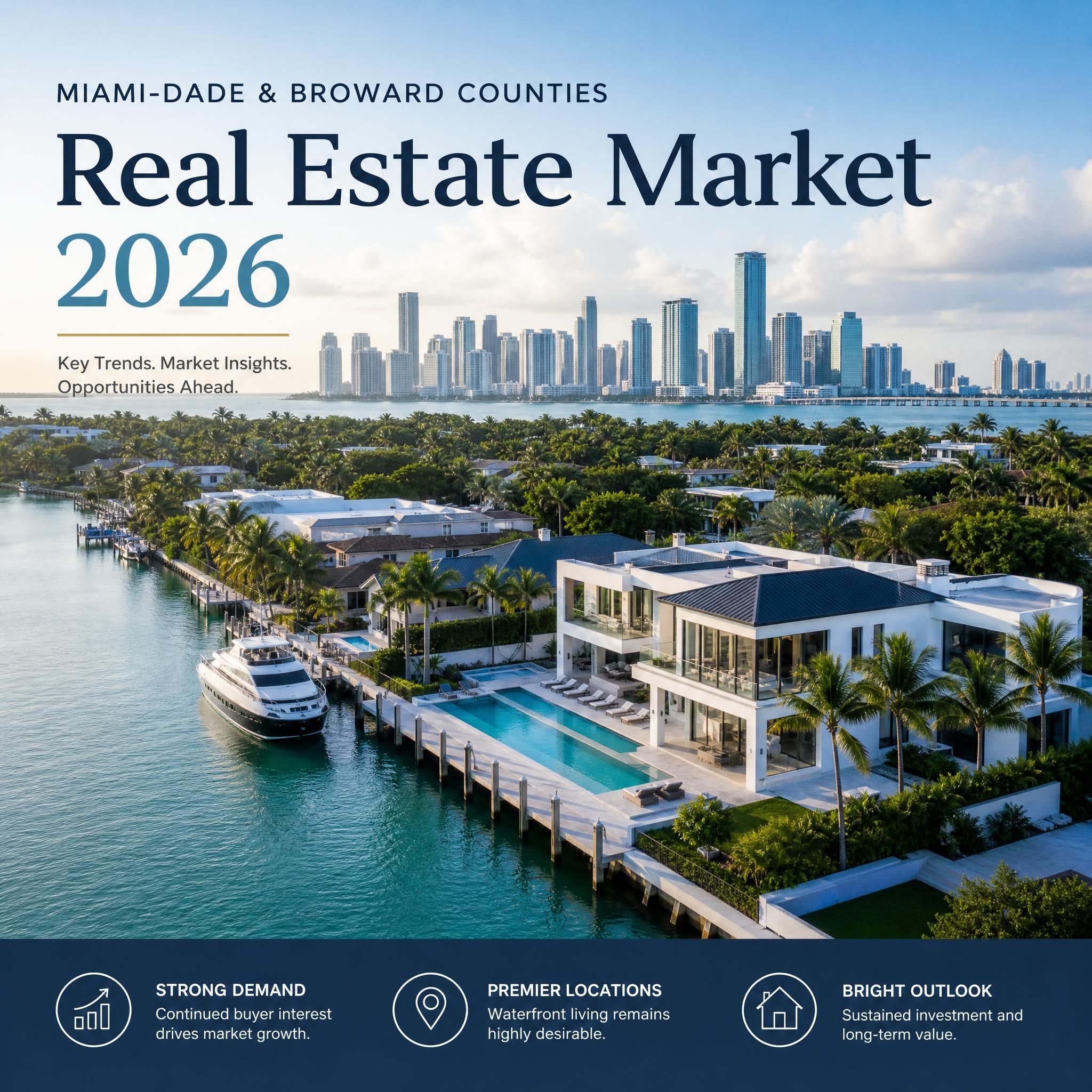 Aerial view of a luxury waterfront home in South Florida with Miami skyline in the background, showcasing the Miami-Dade and Broward County real estate market in 2026