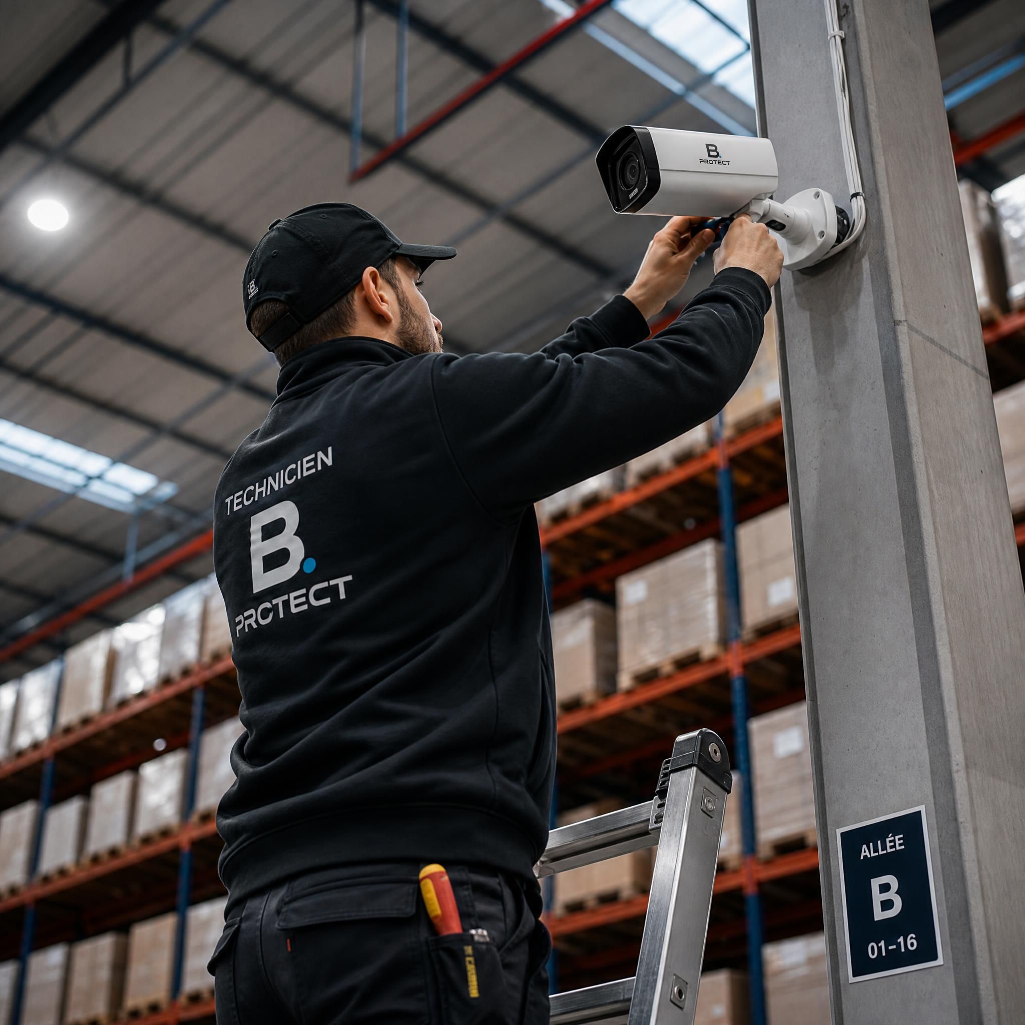 Technicien B PROTECT installant une caméra de vidéosurveillance en hauteur dans un entrepôt logistique, vue en contre-plongée sur fond de racks de stockage