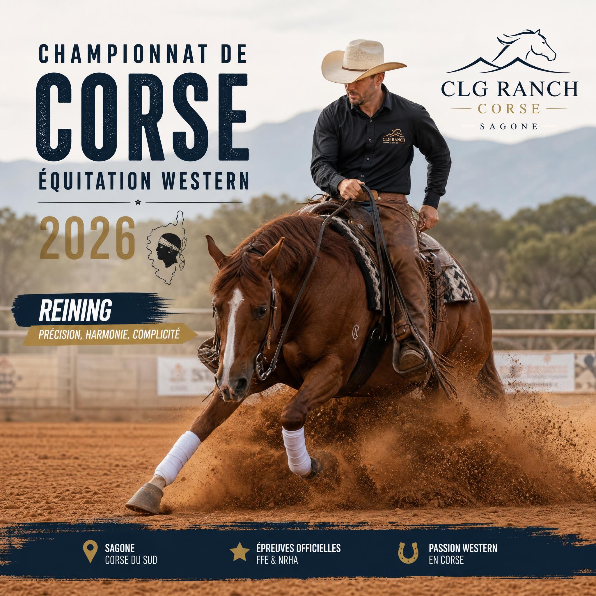 Cavalier en pleine action lors d'une épreuve de reining au Championnat de Corse d'équitation western 2026, Écurie CLG Ranch Corse, Sagone