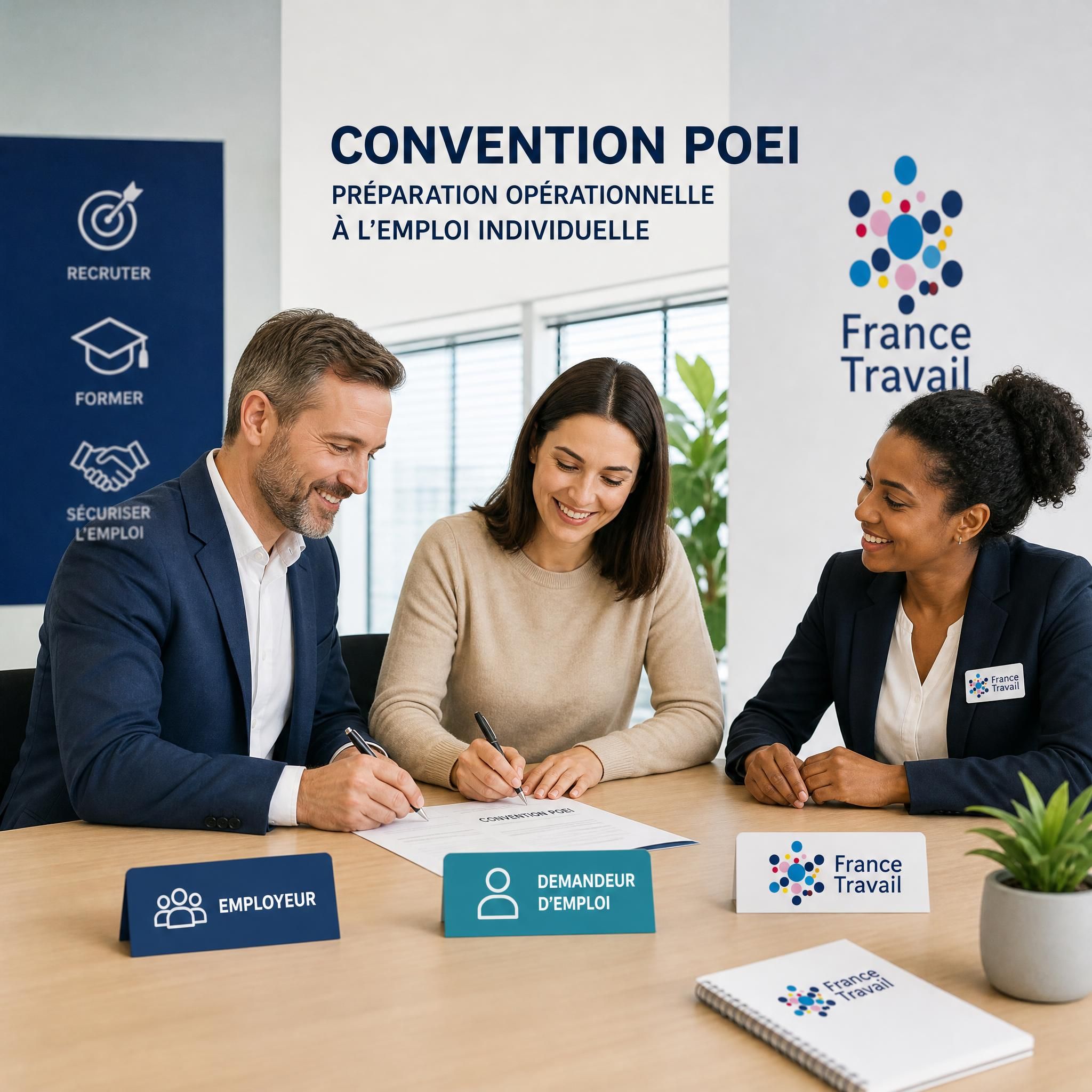 Illustration d'un employeur et d'un demandeur d'emploi signant une convention POEI avec un conseiller France Travail, symbolisant le partenariat tripartite de la Préparation Opérationnelle à l'Emploi Individuelle