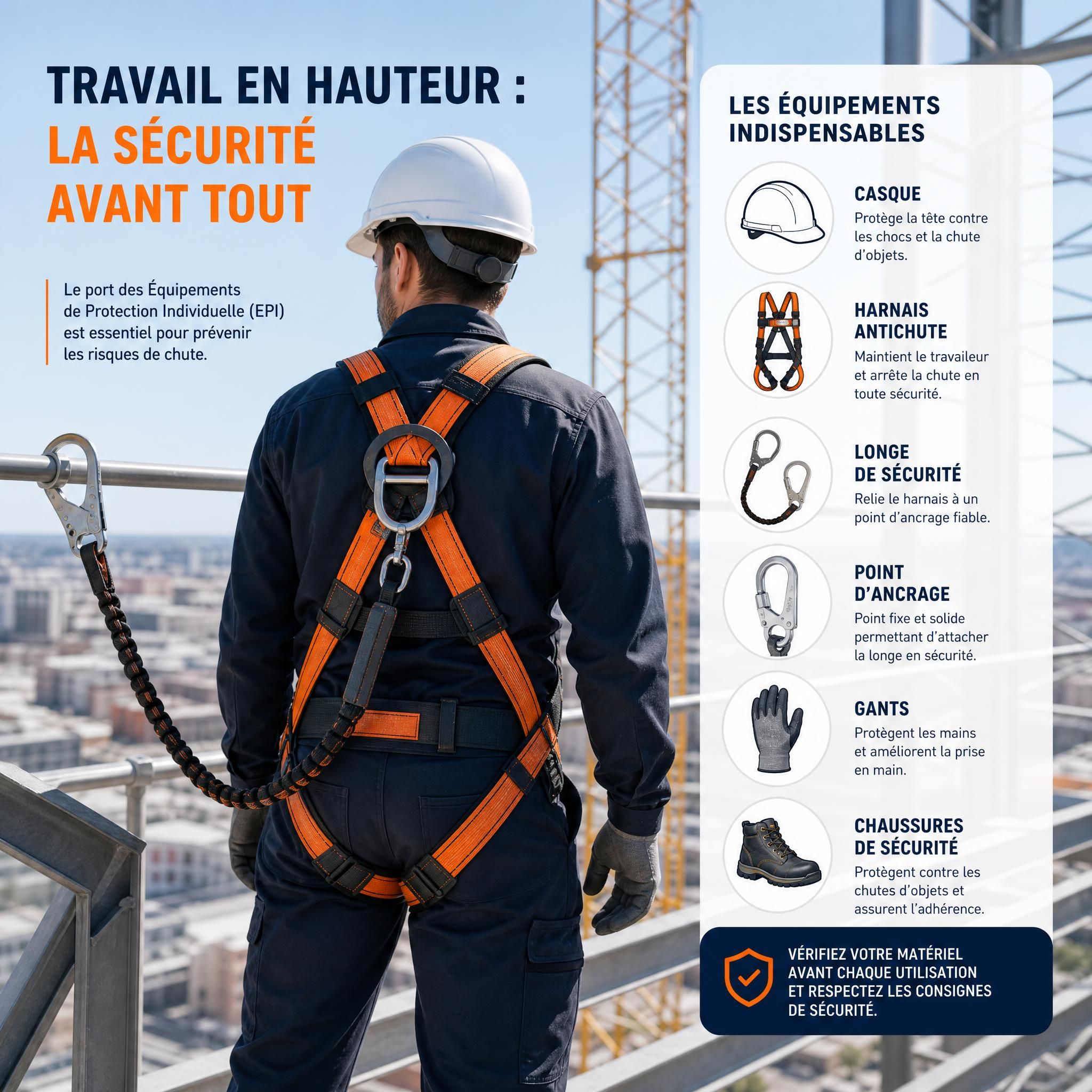 Travailleur équipé d'un harnais de sécurité sur un chantier en hauteur, illustration des équipements de protection individuelle pour le travail en hauteur