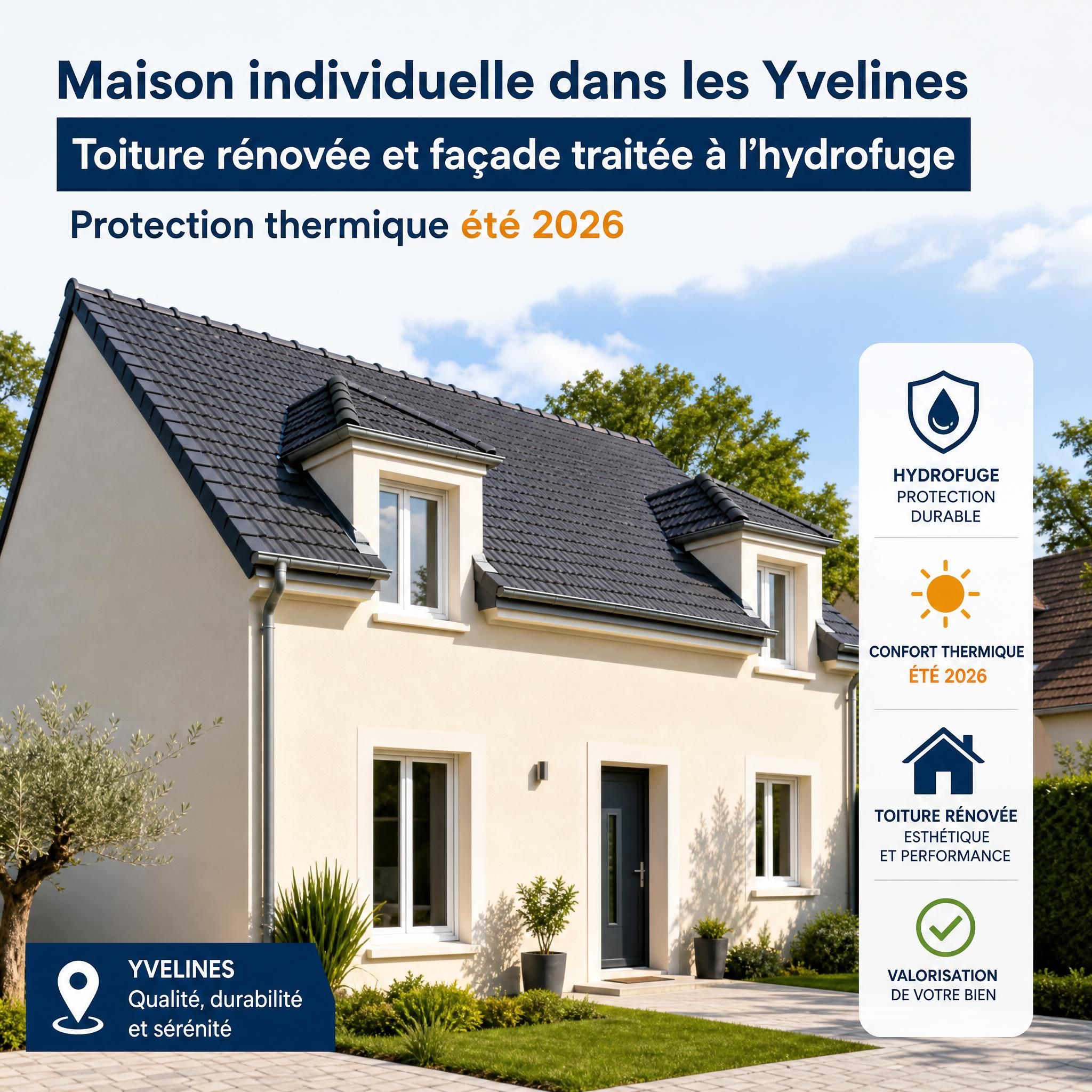 Maison individuelle dans les Yvelines avec toiture rénovée et façade traitée à l'hydrofuge, protection thermique été 2026