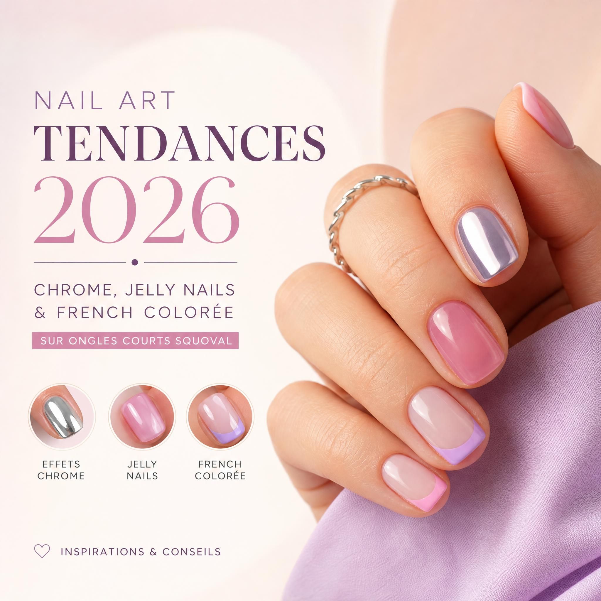 Nail art tendances 2026 - manucure professionnelle avec effets chrome, jelly nails et french colorée sur ongles courts squoval, fond pastel lumineux