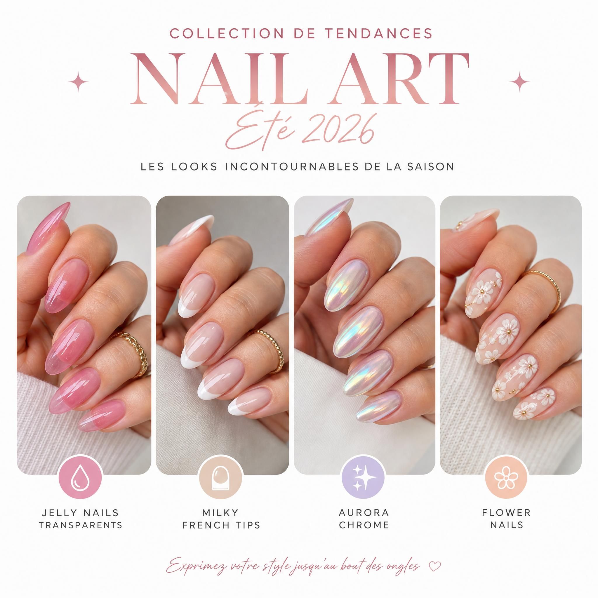 Collection de tendances nail art été 2026 - jelly nails transparents, milky french tips, aurora chrome et flower nails sur fond blanc épuré
