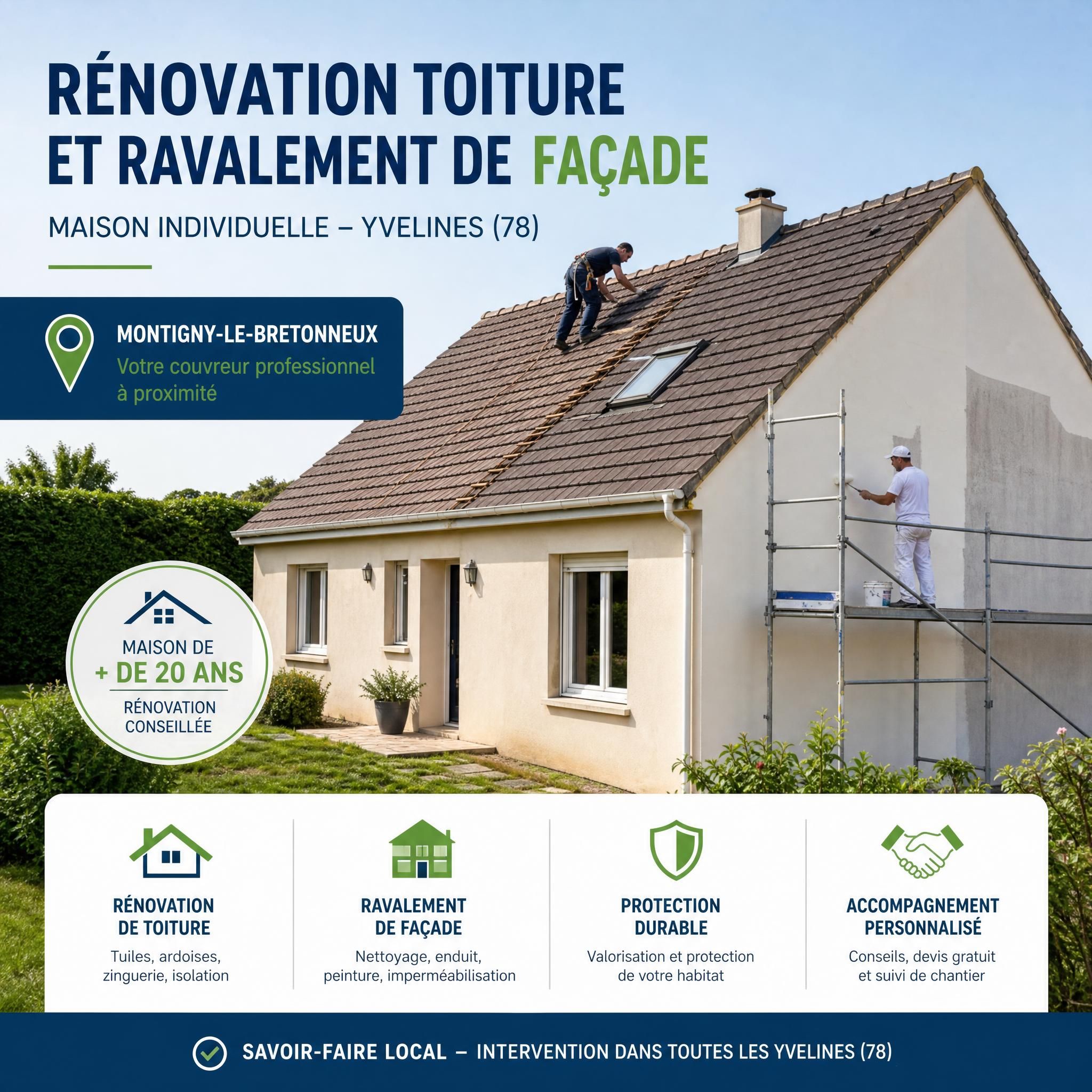 Rénovation toiture et ravalement de façade maison individuelle Yvelines 78 – couvreur professionnel Montigny-le-Bretonneux intervenant sur une maison de plus de 20 ans