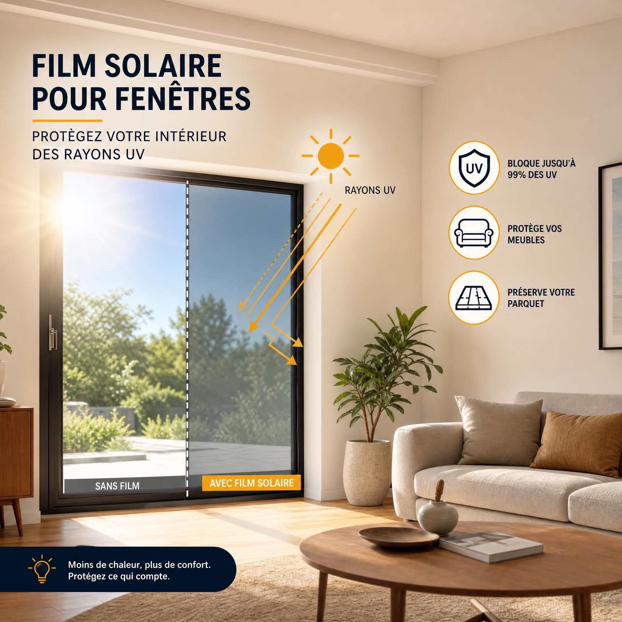 Film solaire appliqué sur une fenêtre de maison protégeant les meubles et le parquet des rayons UV du soleil