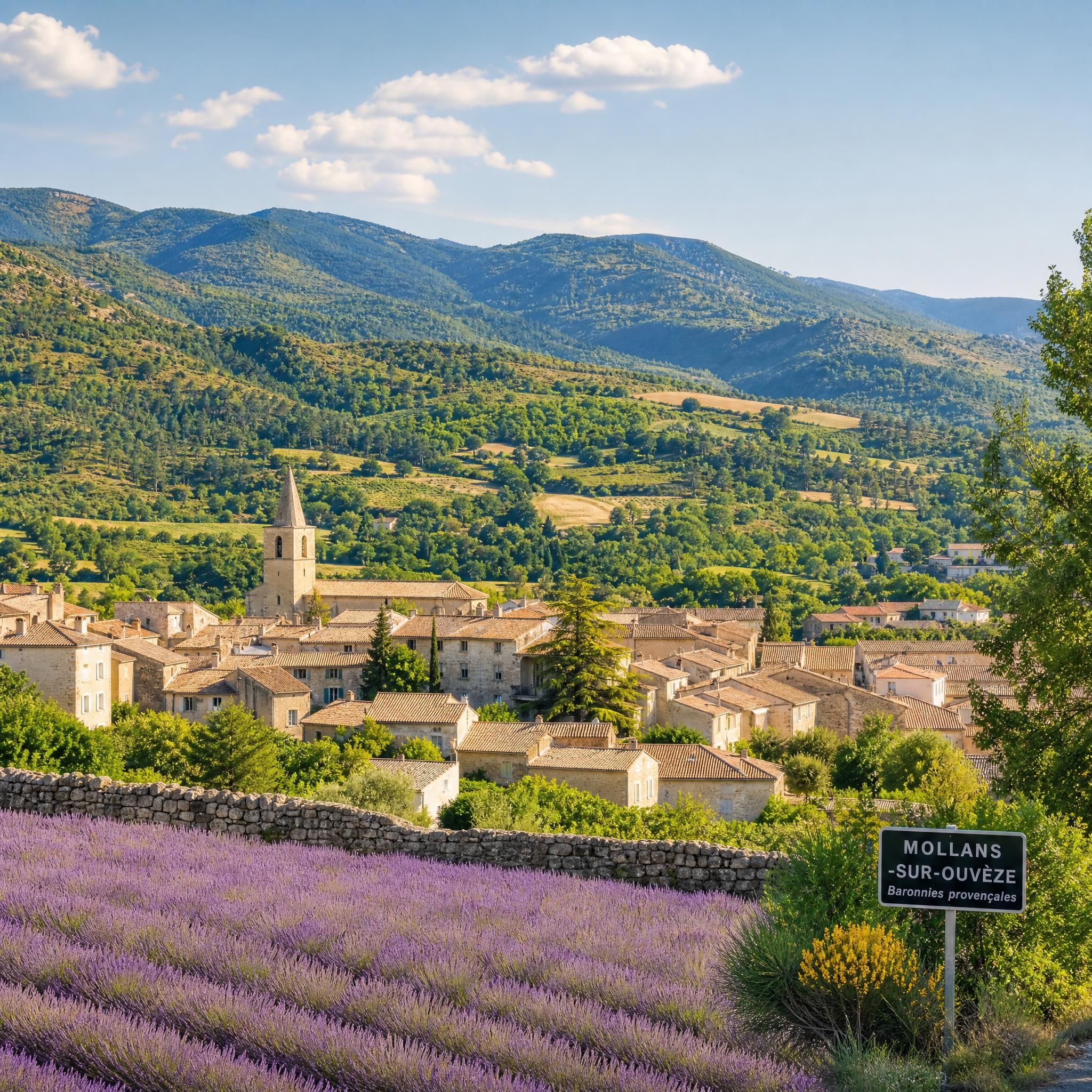 Paysage de Mollans-sur-Ouvèze au cœur des Baronnies provençales, collines verdoyantes et champs de lavande sous la lumière provençale