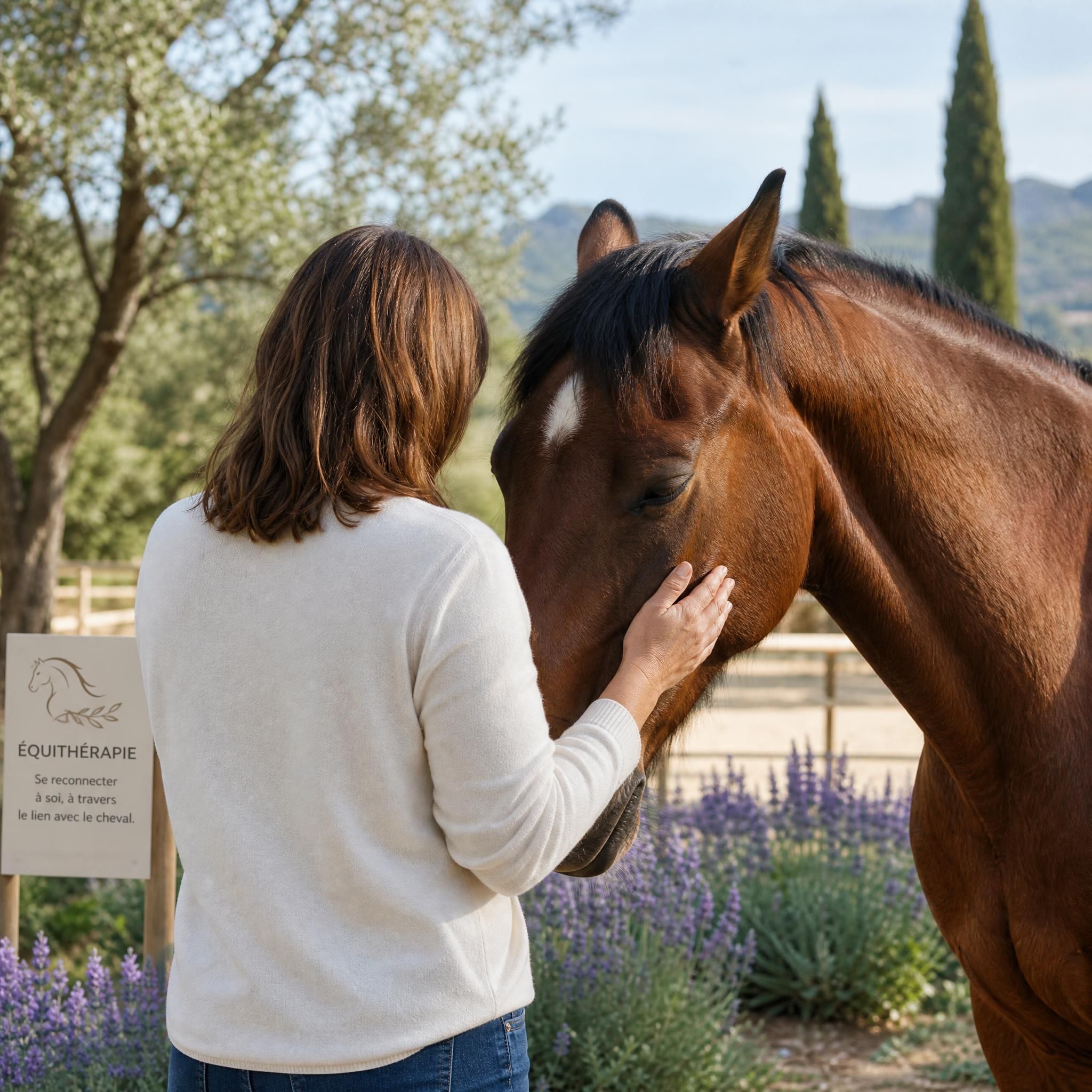 Interaction douce entre une personne adulte et un cheval lors d'une séance d'équithérapie en plein air, cadre naturel provençal, sans visage visible pour respecter la confidentialité