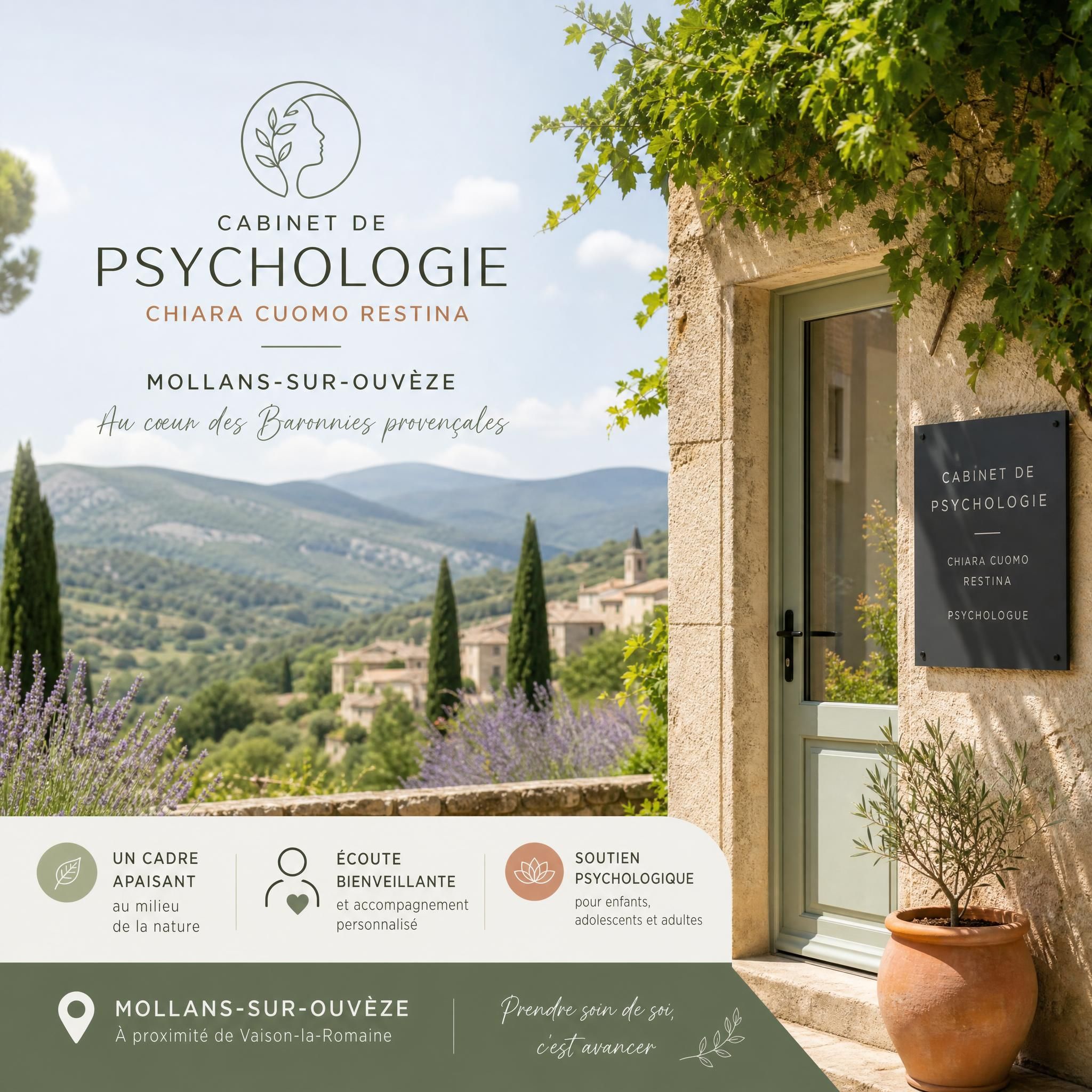 Cabinet de psychologie Chiara Cuomo Restina à Mollans-sur-Ouvèze, entouré de la nature provençale des Baronnies, psychologue Vaison-la-Romaine