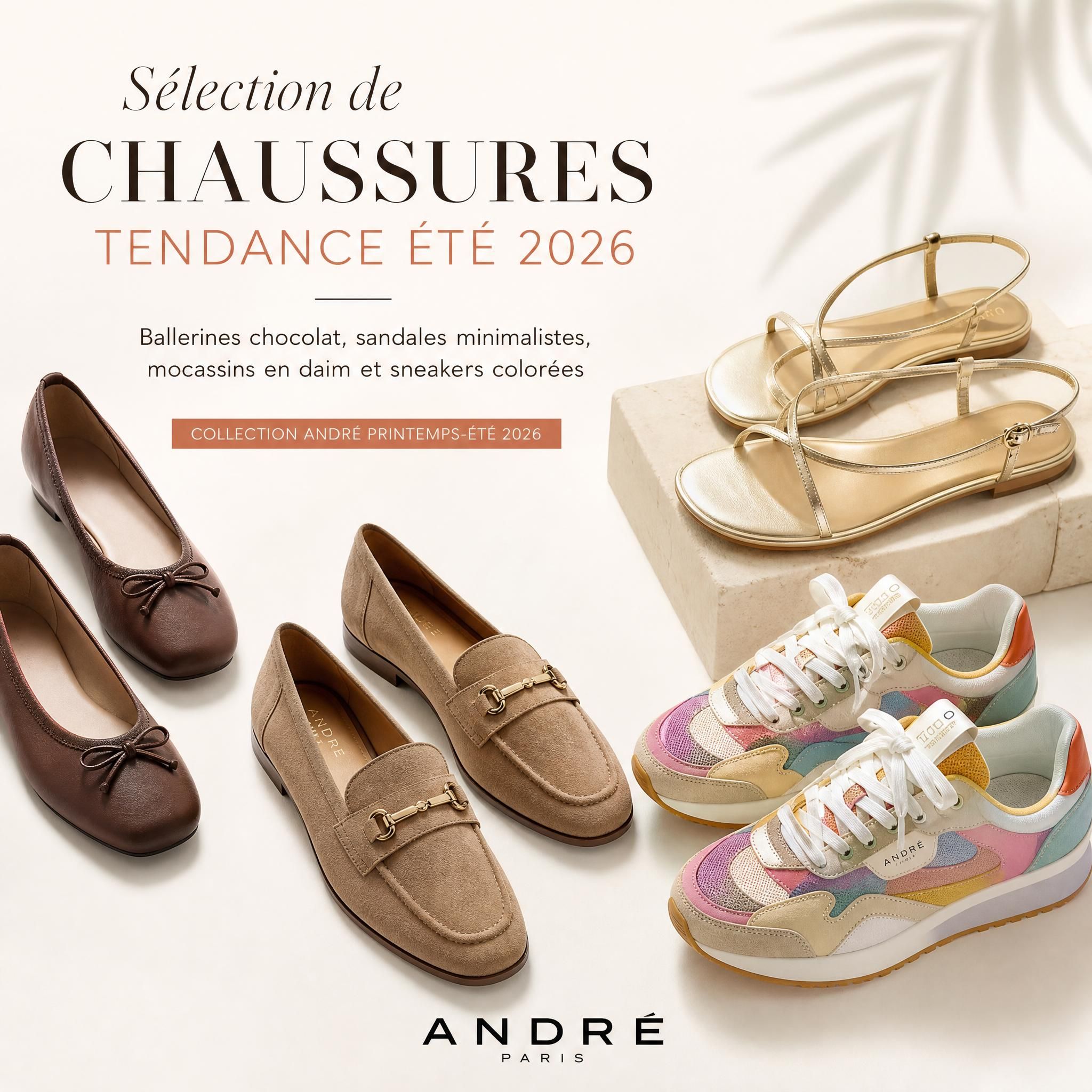 Sélection de chaussures tendance été 2026 — ballerines chocolat, sandales minimalistes, mocassins en daim et sneakers colorées sur fond clair, collection André printemps-été 2026