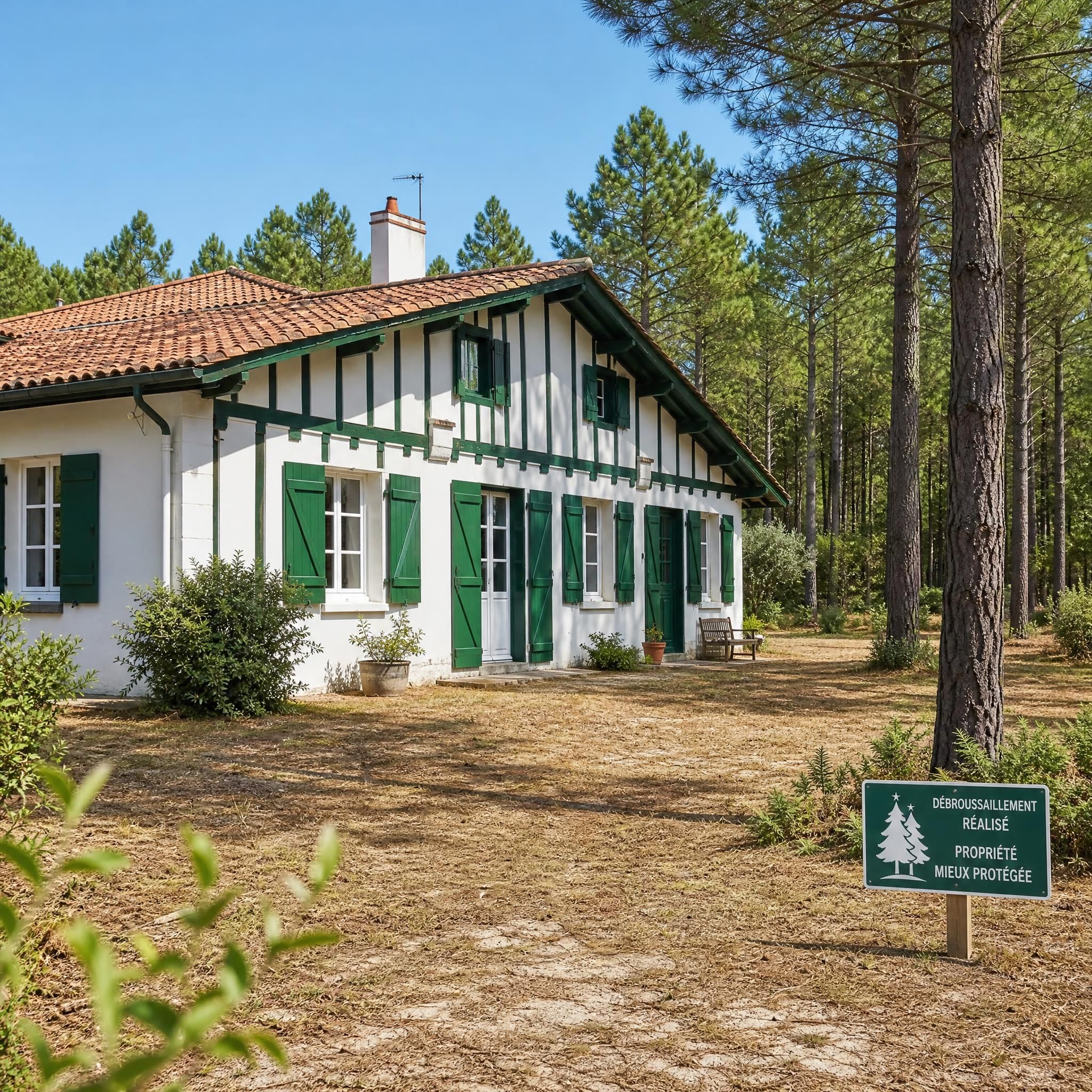 Maison landaise en lisière de forêt de pins maritimes à Mimizan avec débroussaillement réalisé autour de la propriété - conformité OLD