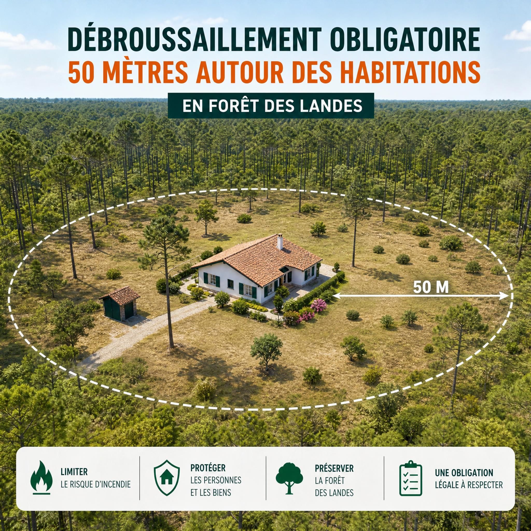 Débroussaillement obligatoire à 50 mètres autour d'une habitation en forêt landaise - Obligation légale de débroussaillement dans les Landes (Mimizan)