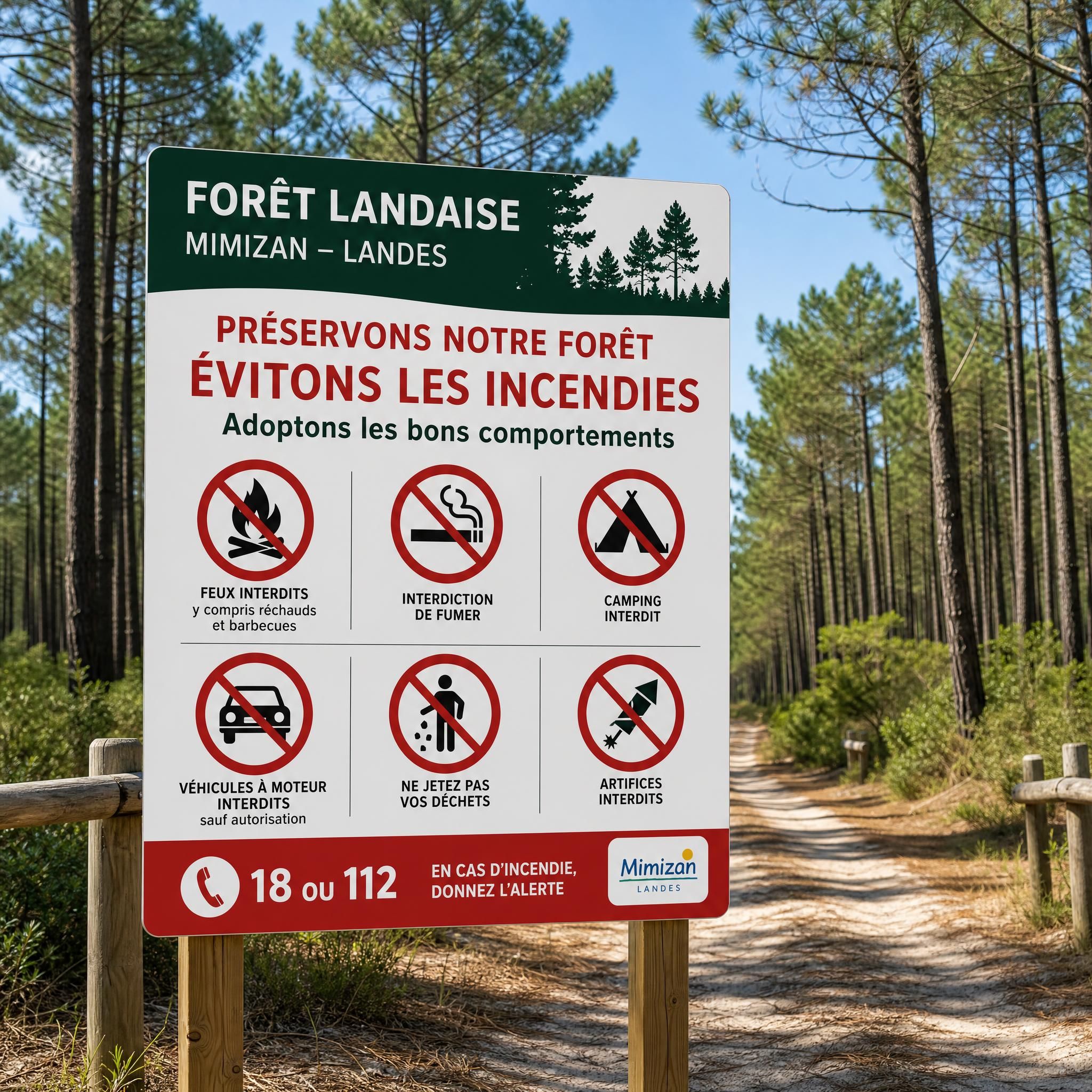 Panneau de prévention incendie en forêt landaise à Mimizan : interdictions et consignes de sécurité pour les promeneurs et propriétaires