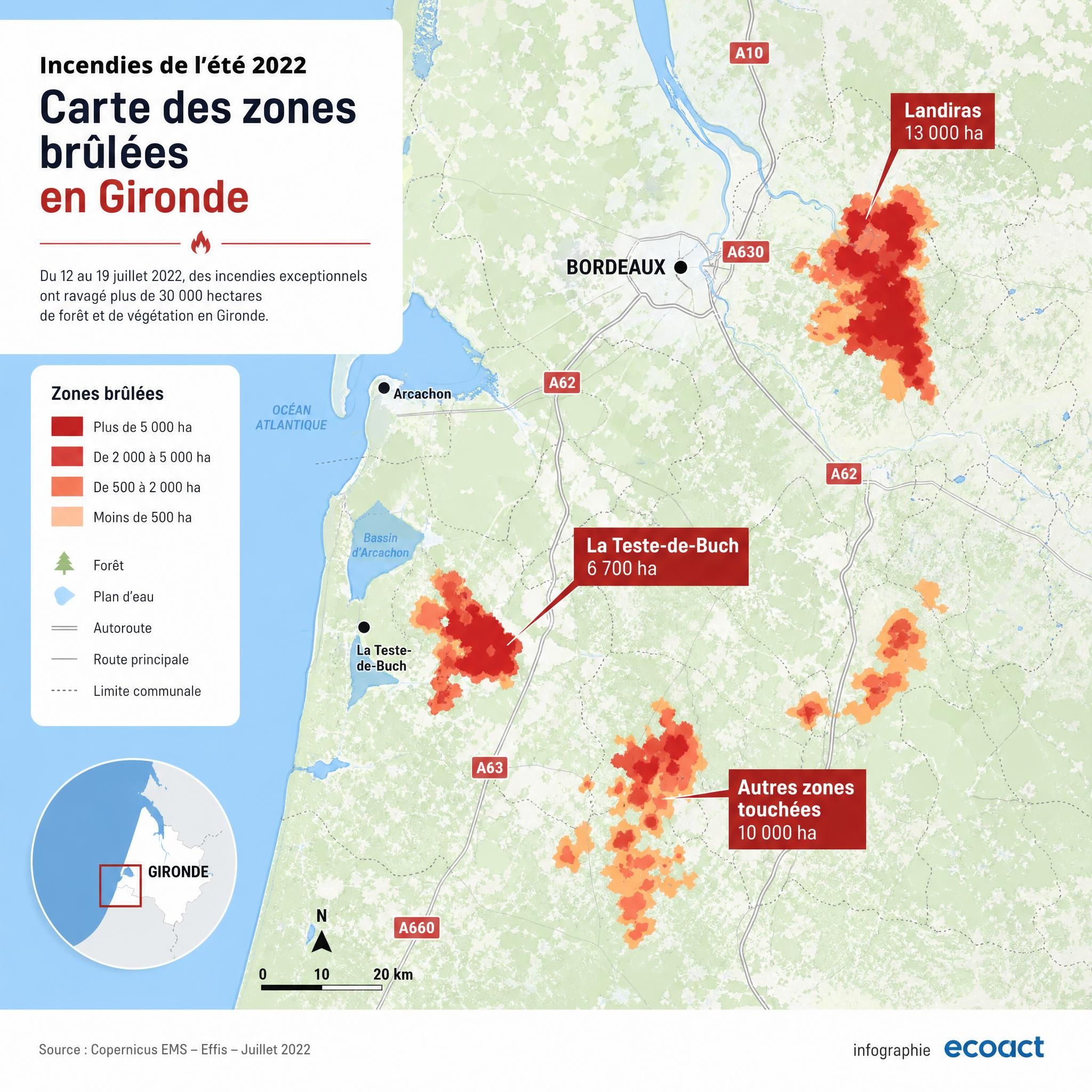 Carte des zones incendiées en Gironde lors de l'été 2022 : La Teste-de-Buch (7 000 ha) et Landiras (13 300 ha), Landes de Gascogne