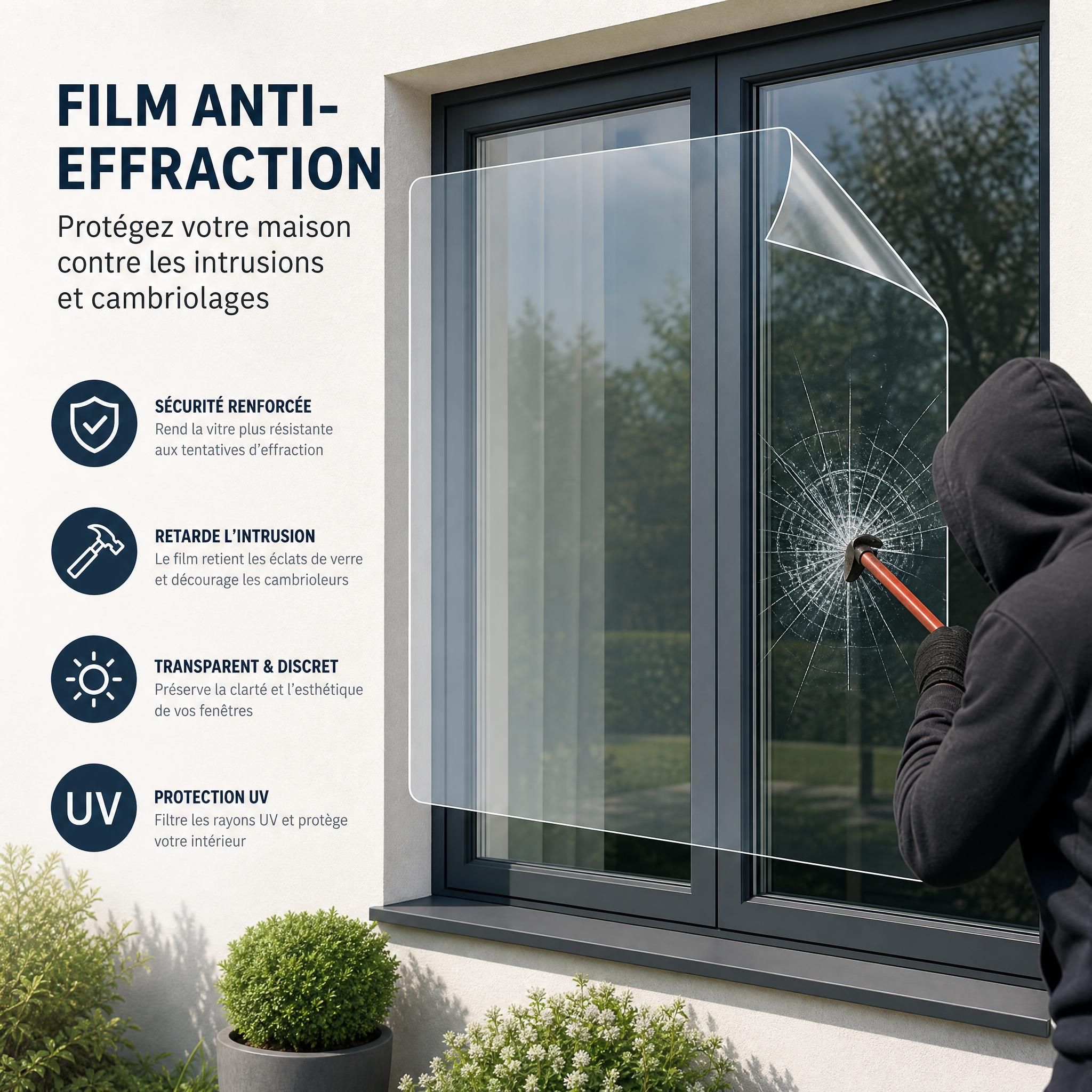 Film anti-effraction transparent appliqué sur une fenêtre de maison pour protéger contre les intrusions et cambriolages