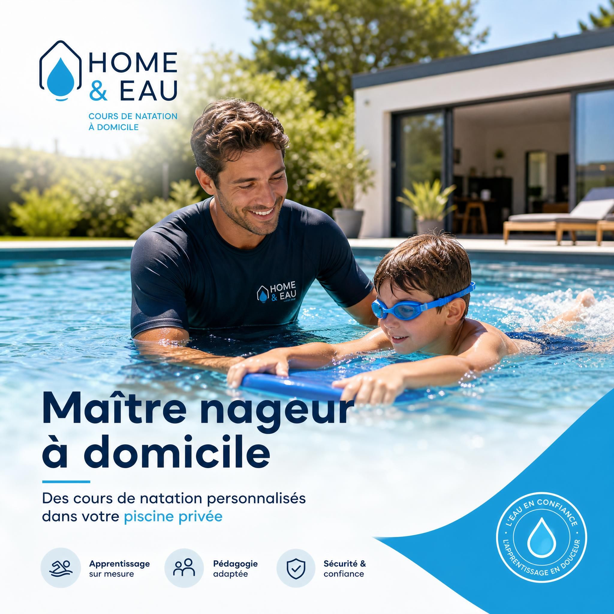 Maître nageur à domicile dans une piscine privée avec un enfant, cours de natation personnalisé Home & Eau