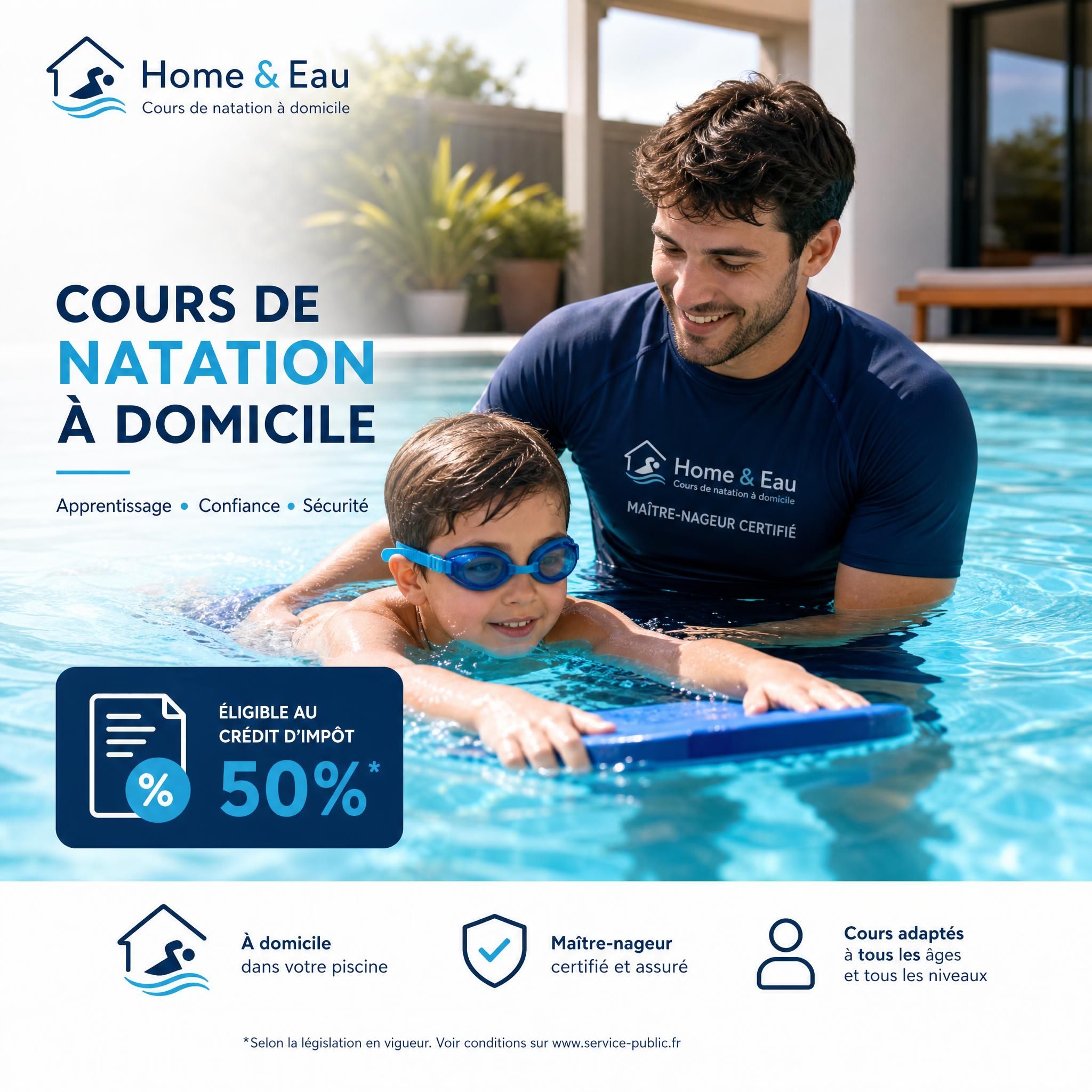 Maître-nageur certifié Home & Eau accompagnant un enfant dans une piscine privée — cours de natation à domicile éligible au crédit d'impôt 50%