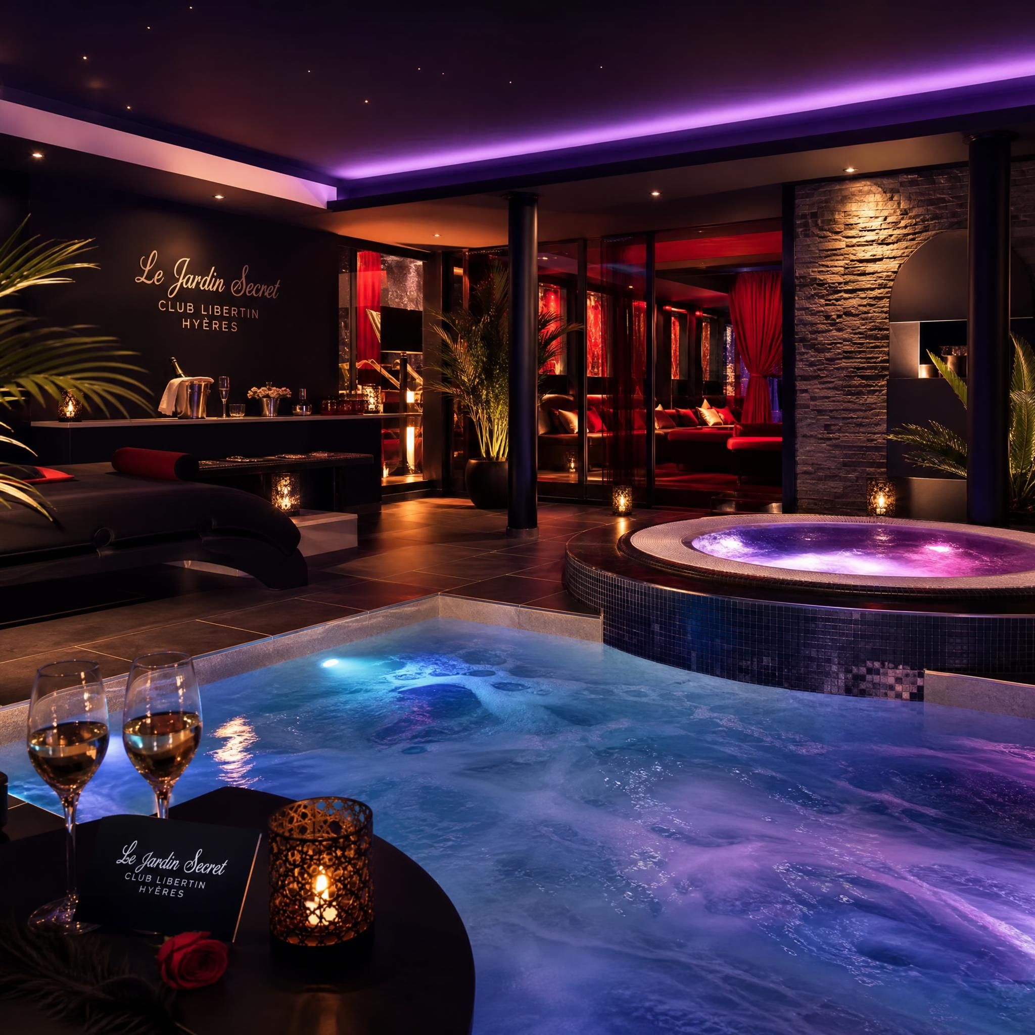 Ambiance nocturne élégante d'un club libertin haut de gamme avec balnéo illuminée et jacuzzi, atmosphère raffinée et tamisée à Hyères dans le Var, PACA