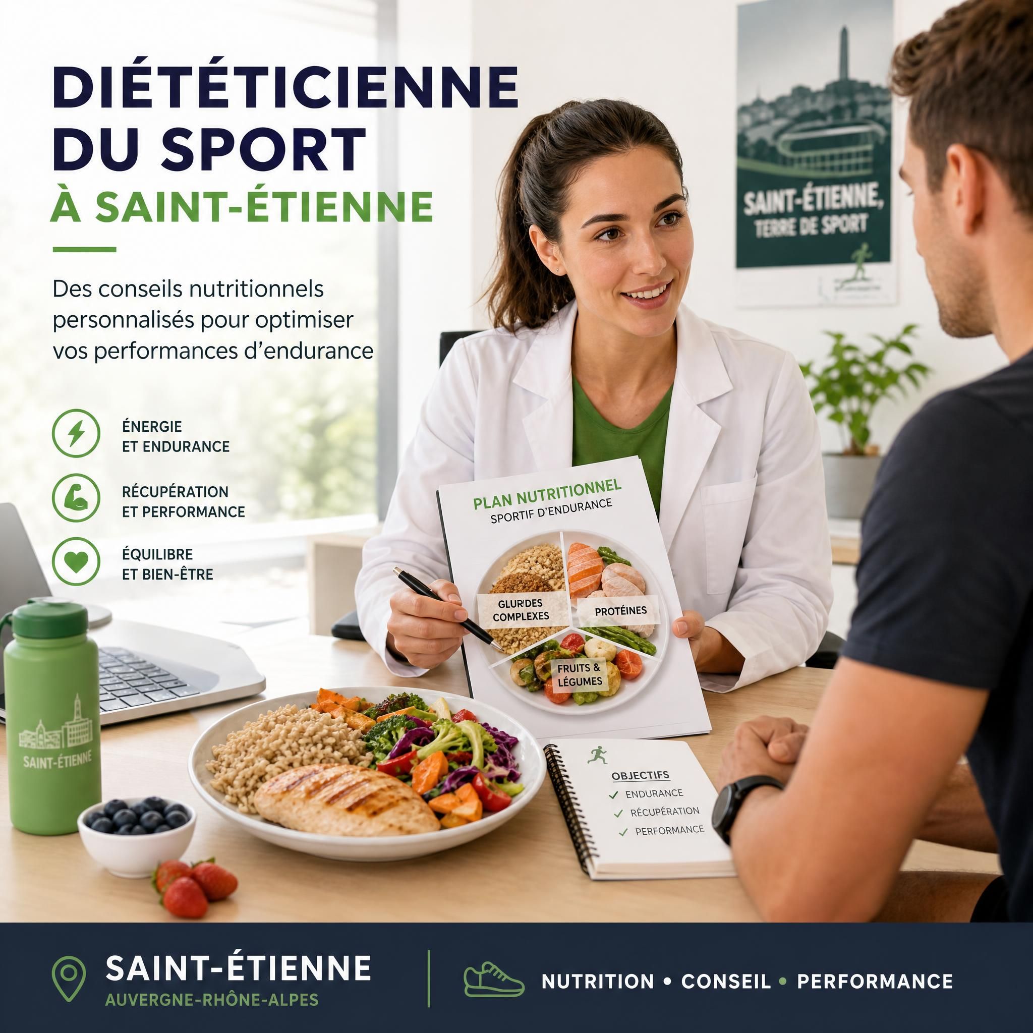 Diététicienne du sport à Saint-Étienne préparant un plan nutritionnel pour sportif d'endurance – assiette équilibrée avec glucides complexes, protéines et fruits