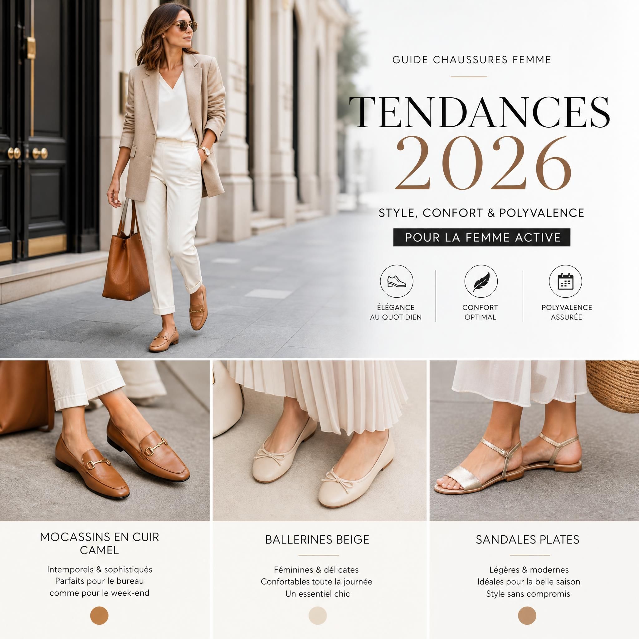 Femme urbaine élégante portant des mocassins en cuir camel, des ballerines beige et des sandales plates — guide chaussures femme 2026 pour la femme active